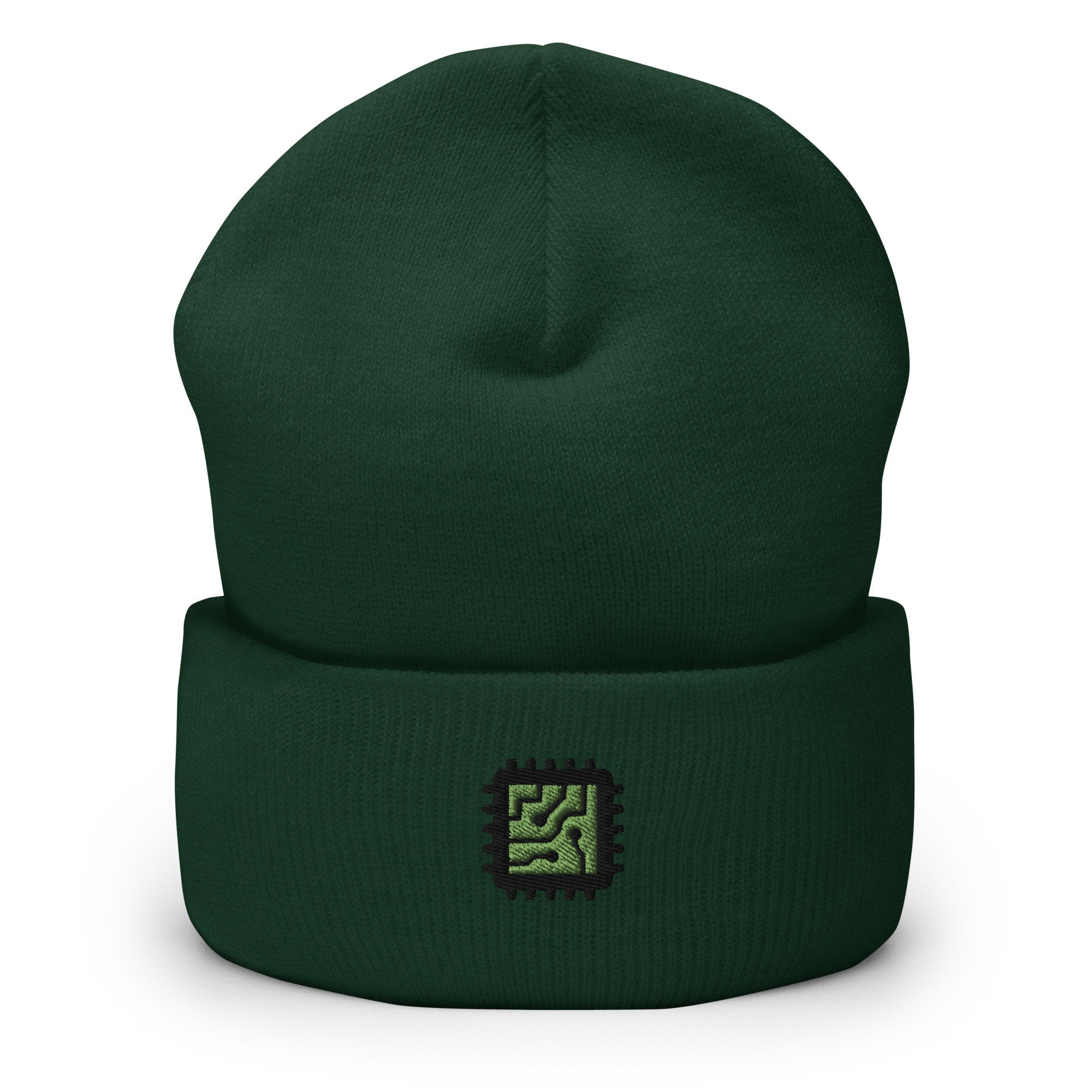 Circuit Board Computer Chip Embroidered Beanie, Handmade Cuffed Knit Unisex Slouchy Adult Winter Hat Cap Gift