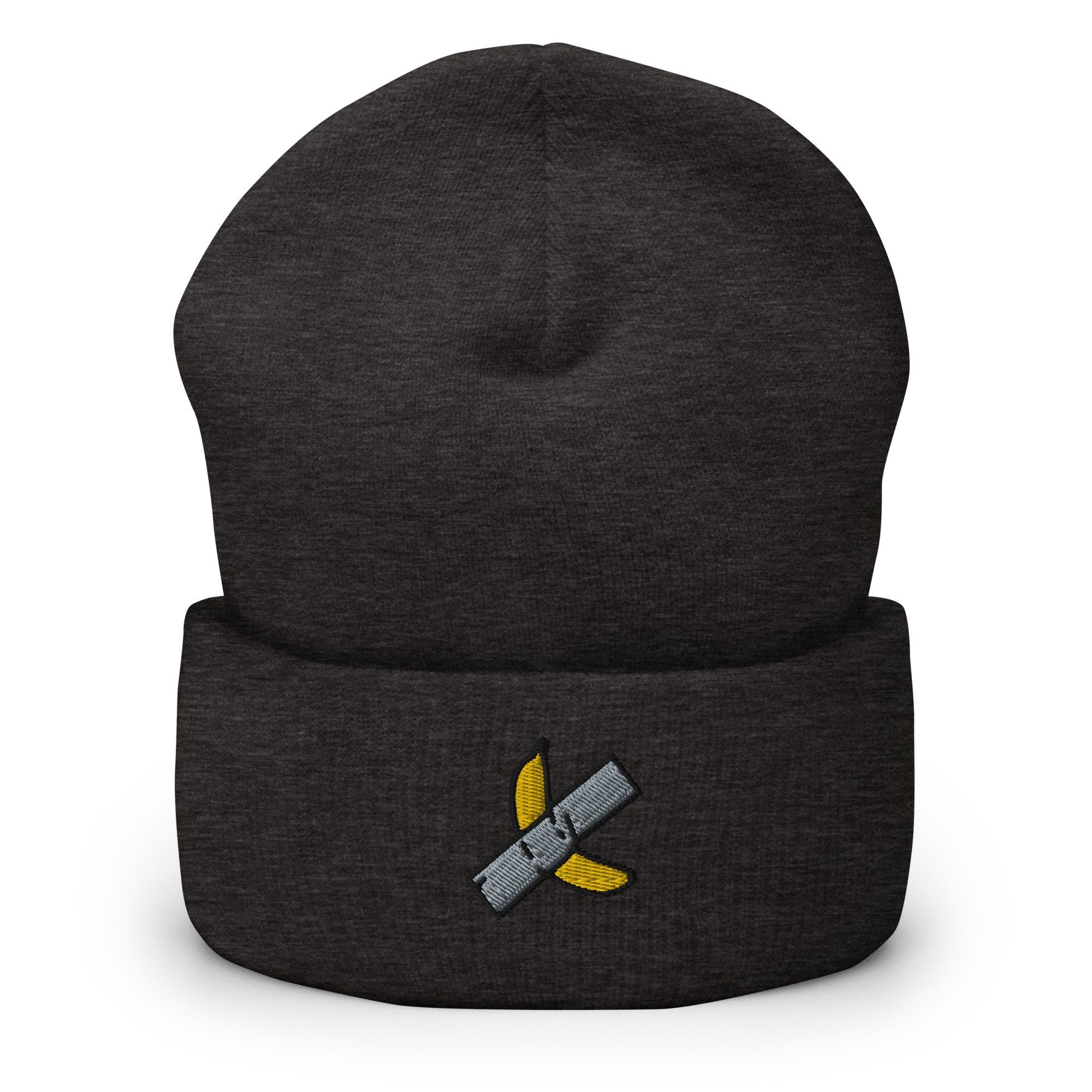 Duct Tape Banana Art Embroidered Beanie, Handmade Cuffed Knit Unisex Slouchy Adult Winter Hat Cap Gift
