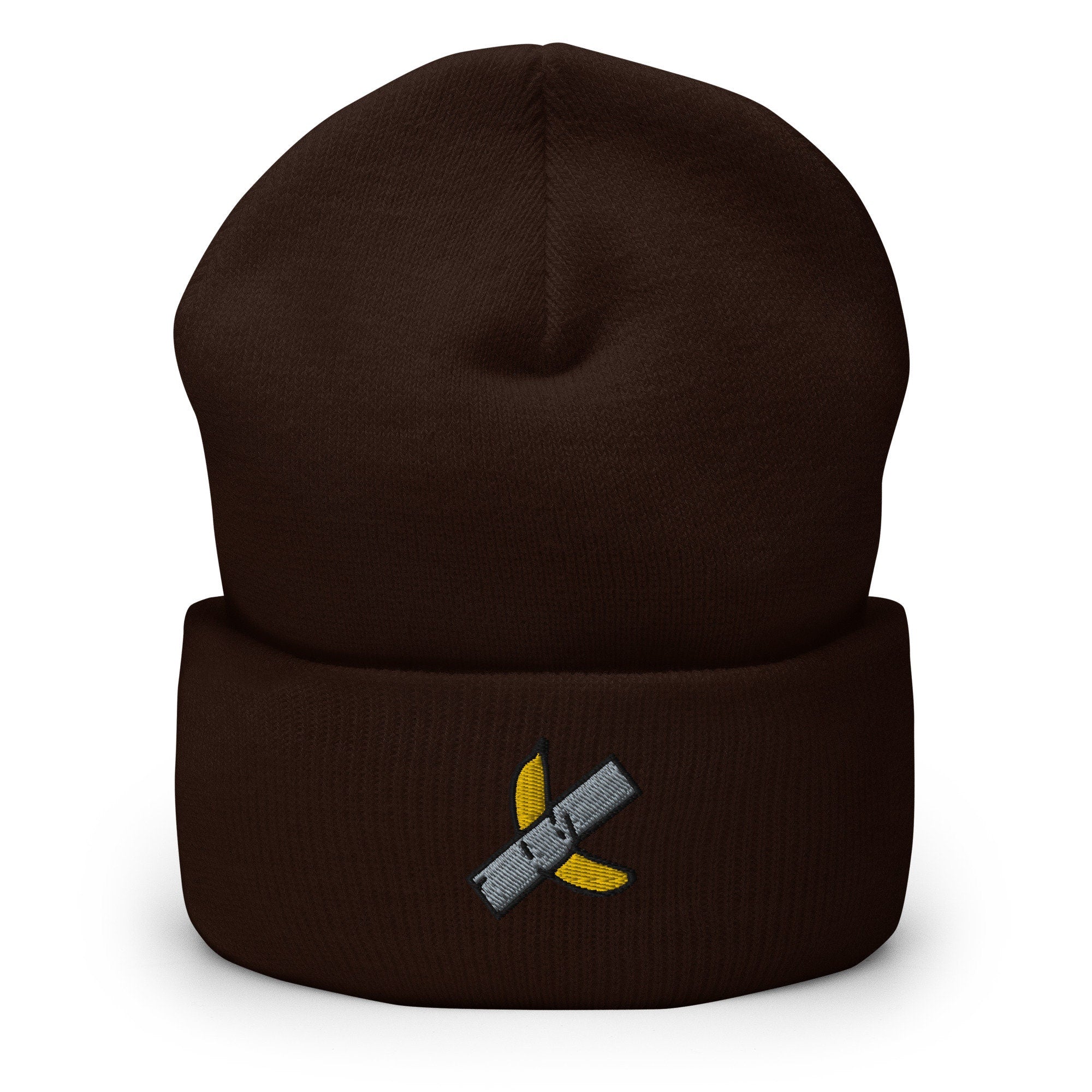 Duct Tape Banana Art Embroidered Beanie, Handmade Cuffed Knit Unisex Slouchy Adult Winter Hat Cap Gift