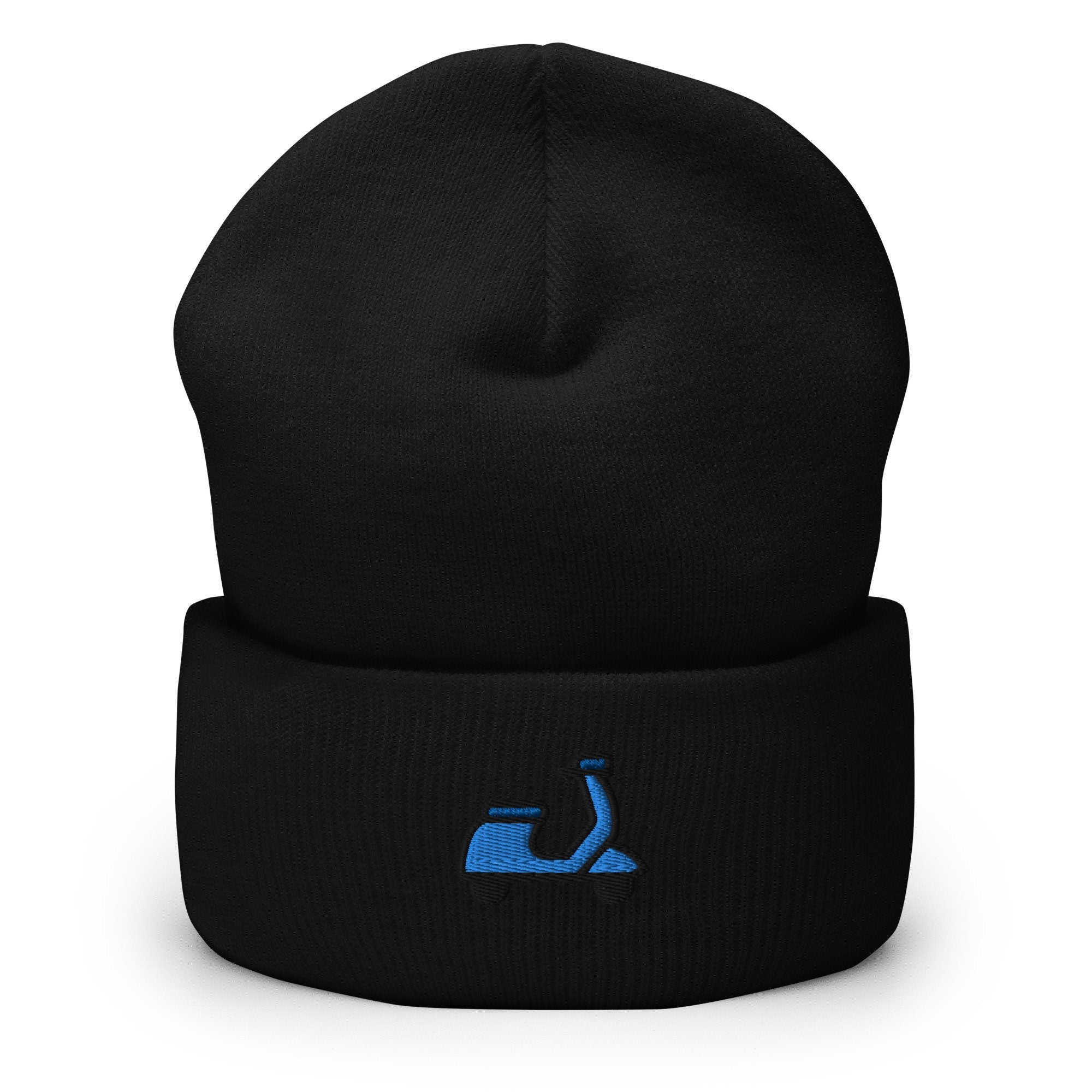 Moped Scooter Vespa Embroidered Beanie, Handmade Cuffed Knit Unisex Slouchy Adult Winter Hat Cap Gift