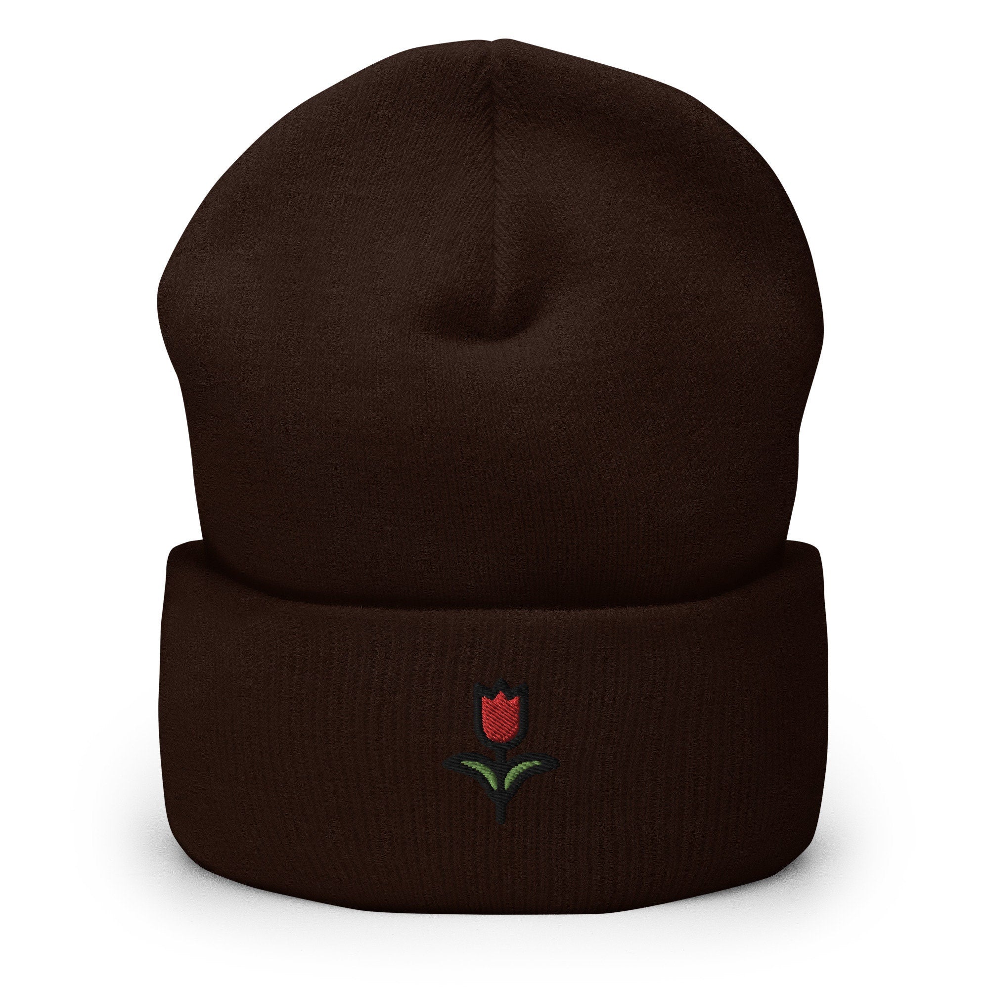 Red Tulip Flower Embroidered Beanie, Handmade Cuffed Knit Unisex Slouchy Adult Winter Hat Cap Gift