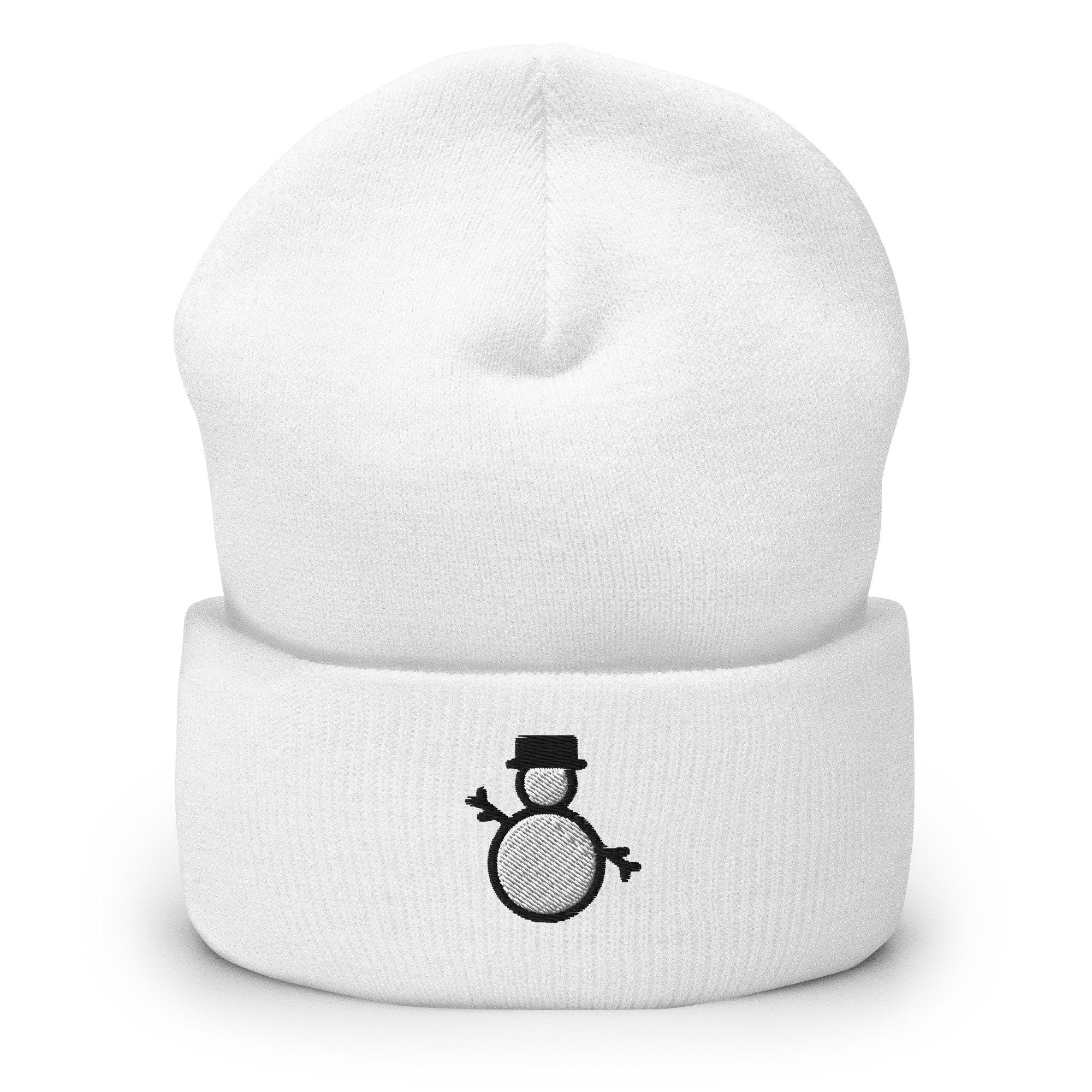 Snow Sculpture Snowman Embroidered Beanie, Handmade Cuffed Knit Unisex Slouchy Adult Winter Hat Cap Gift