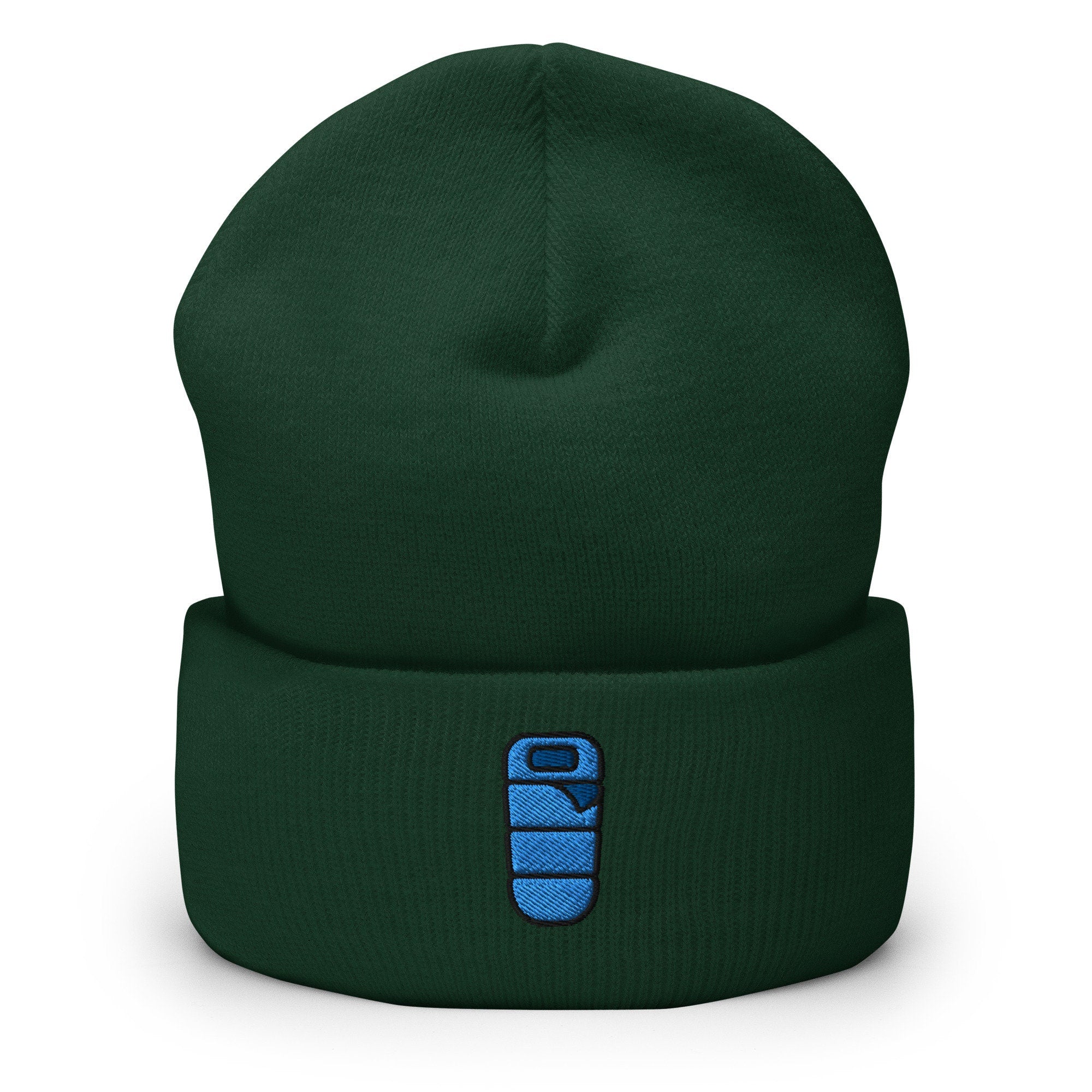 Camping Sleeping Bag Embroidered Beanie, Handmade Cuffed Knit Unisex Slouchy Adult Winter Hat Cap Gift