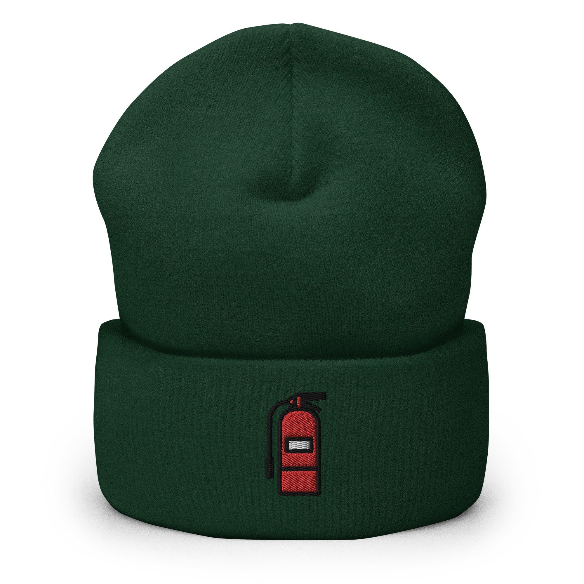 Firefighter Fireman, Fire Extinguisher Symbol Embroidered Beanie, Handmade Cuffed Knit Unisex Slouchy Adult Winter Hat Cap Gift