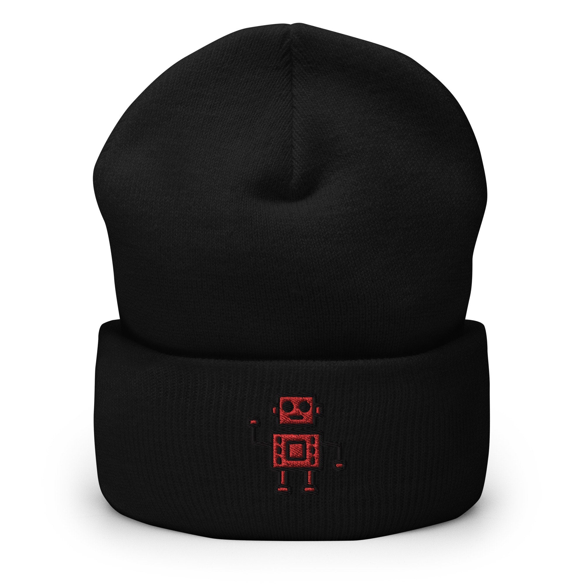 Vintage Retro Robot Embroidered Beanie, Handmade Cuffed Knit Unisex Slouchy Adult Winter Hat Cap Gift