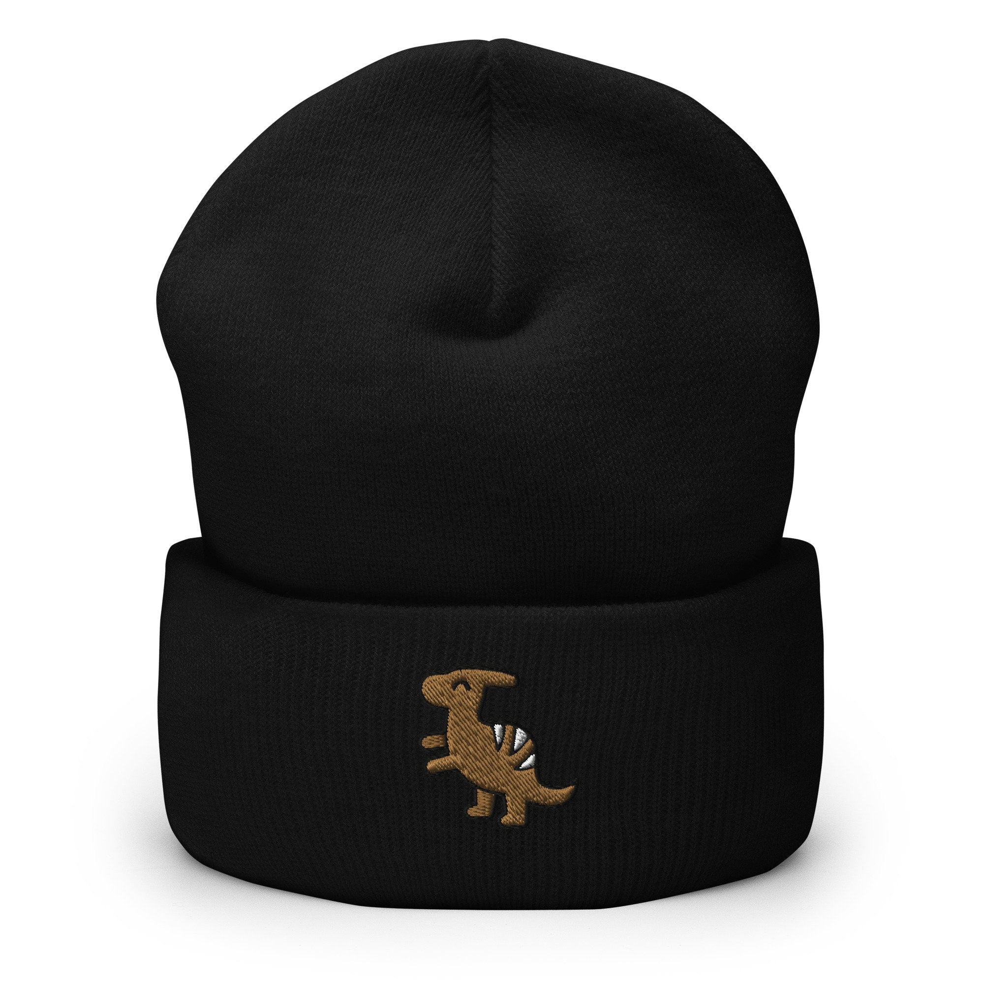 Parasaurolophus Dinosaur Embroidered Beanie, Handmade Cuffed Knit Unisex Slouchy Adult Winter Hat Cap Gift