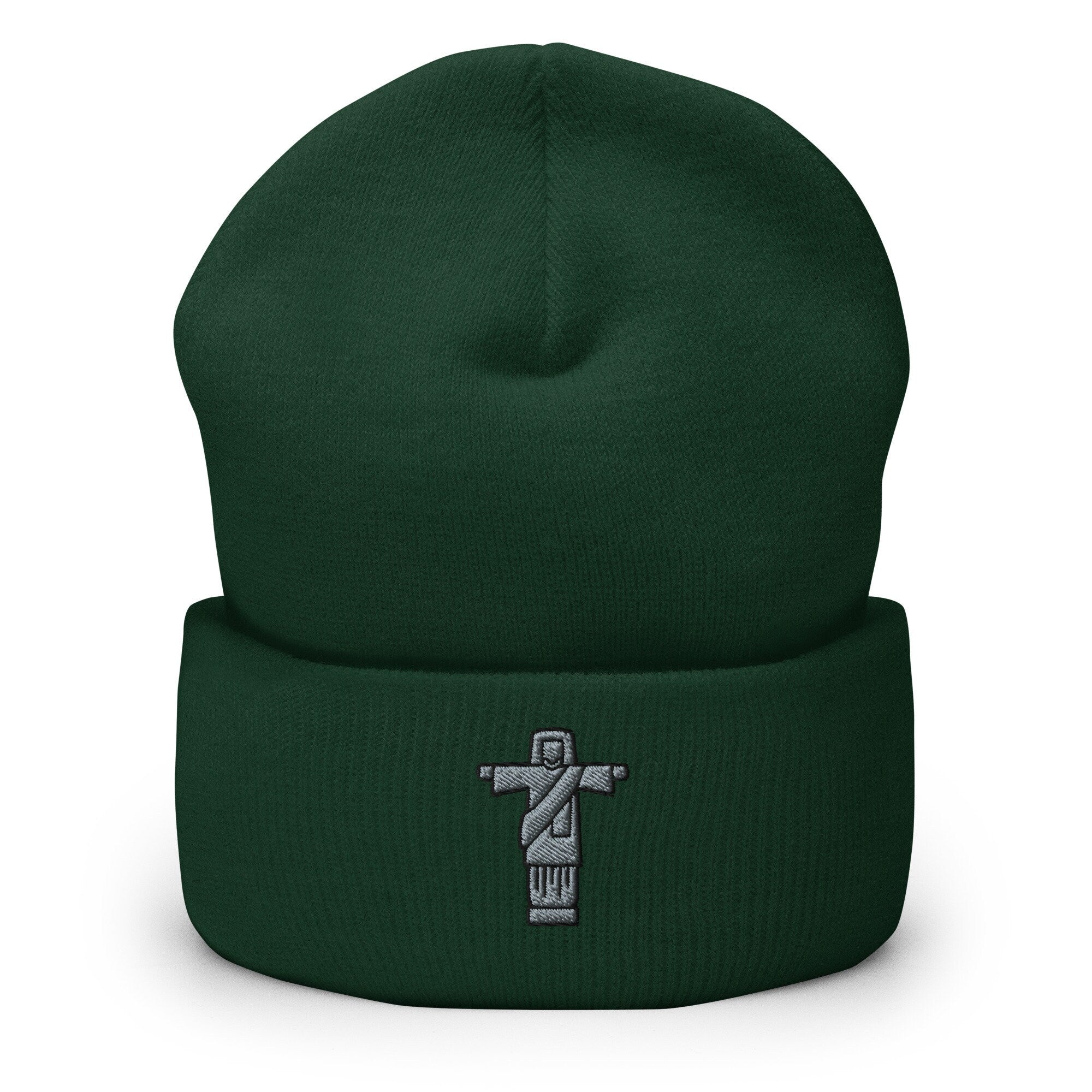 7 Wonders of the World, Jesus Christ the Redeemer Statue Embroidered Beanie, Handmade Cuffed Knit Unisex Slouchy Adult Winter Hat Cap Gift