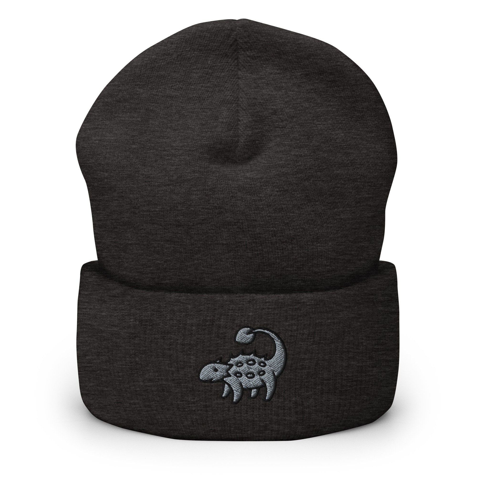 Ankylosaurus Dinosaur Embroidered Beanie, Handmade Cuffed Knit Unisex Slouchy Adult Winter Hat Cap Gift