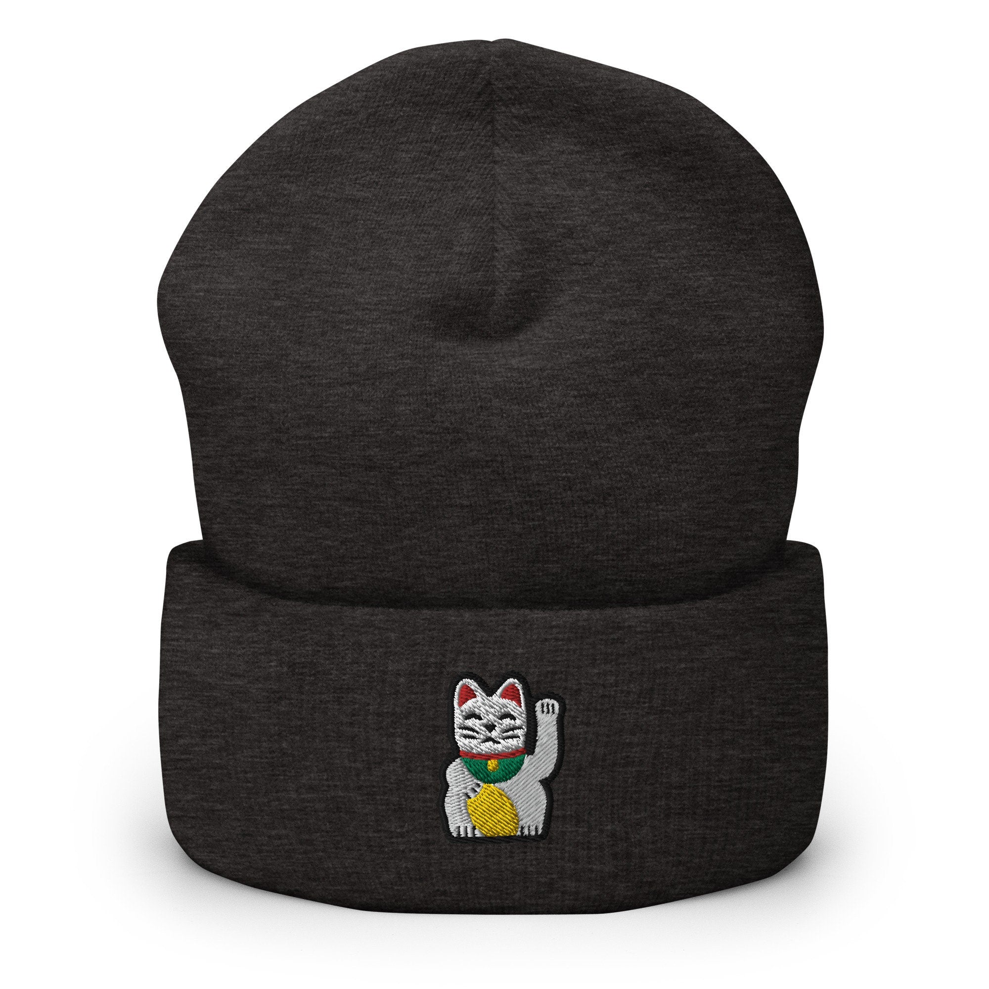 Maneki-neko Lucky Waving Cat Embroidered Beanie, Handmade Cuffed Knit Unisex Slouchy Adult Winter Hat Cap Gift