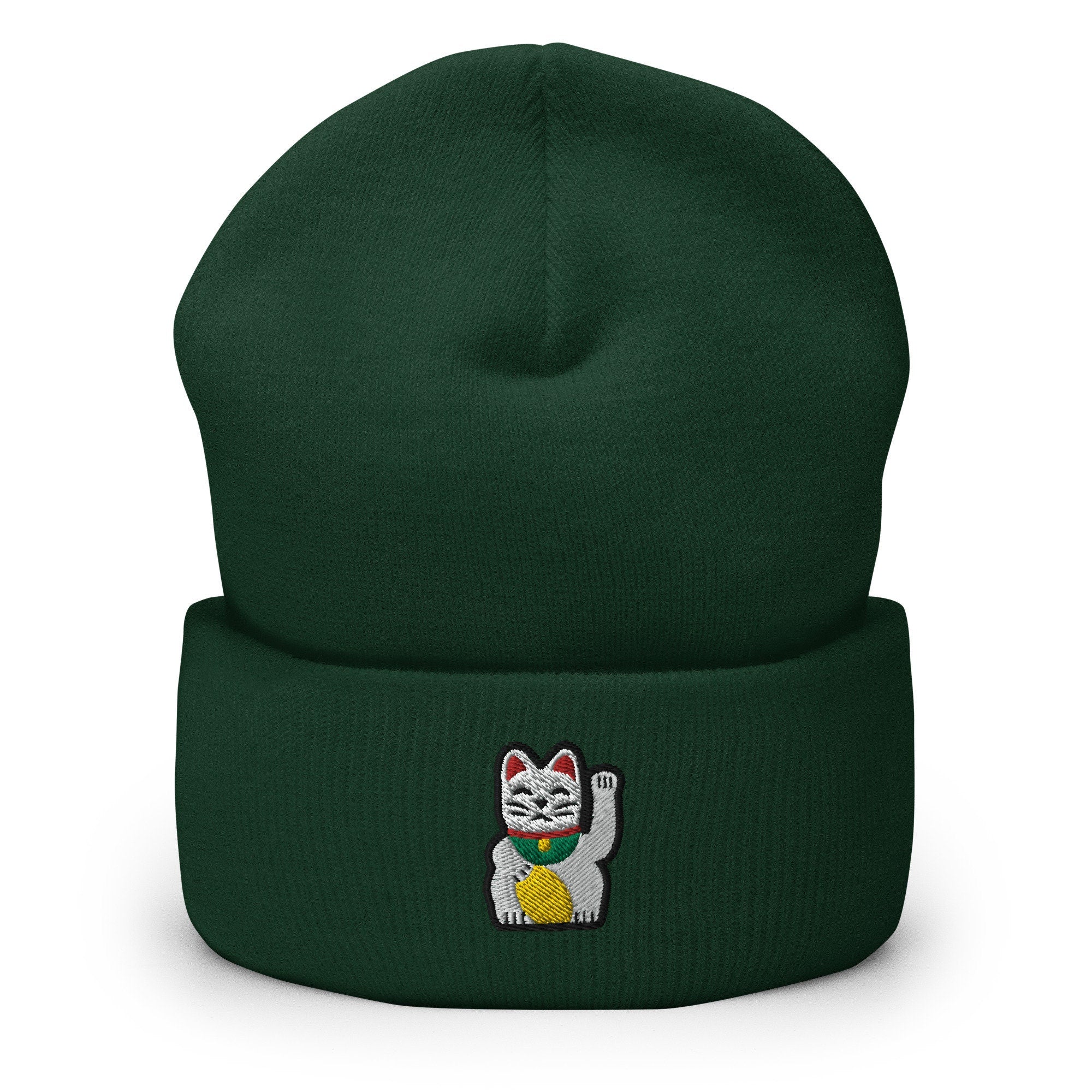 Maneki-neko Lucky Waving Cat Embroidered Beanie, Handmade Cuffed Knit Unisex Slouchy Adult Winter Hat Cap Gift
