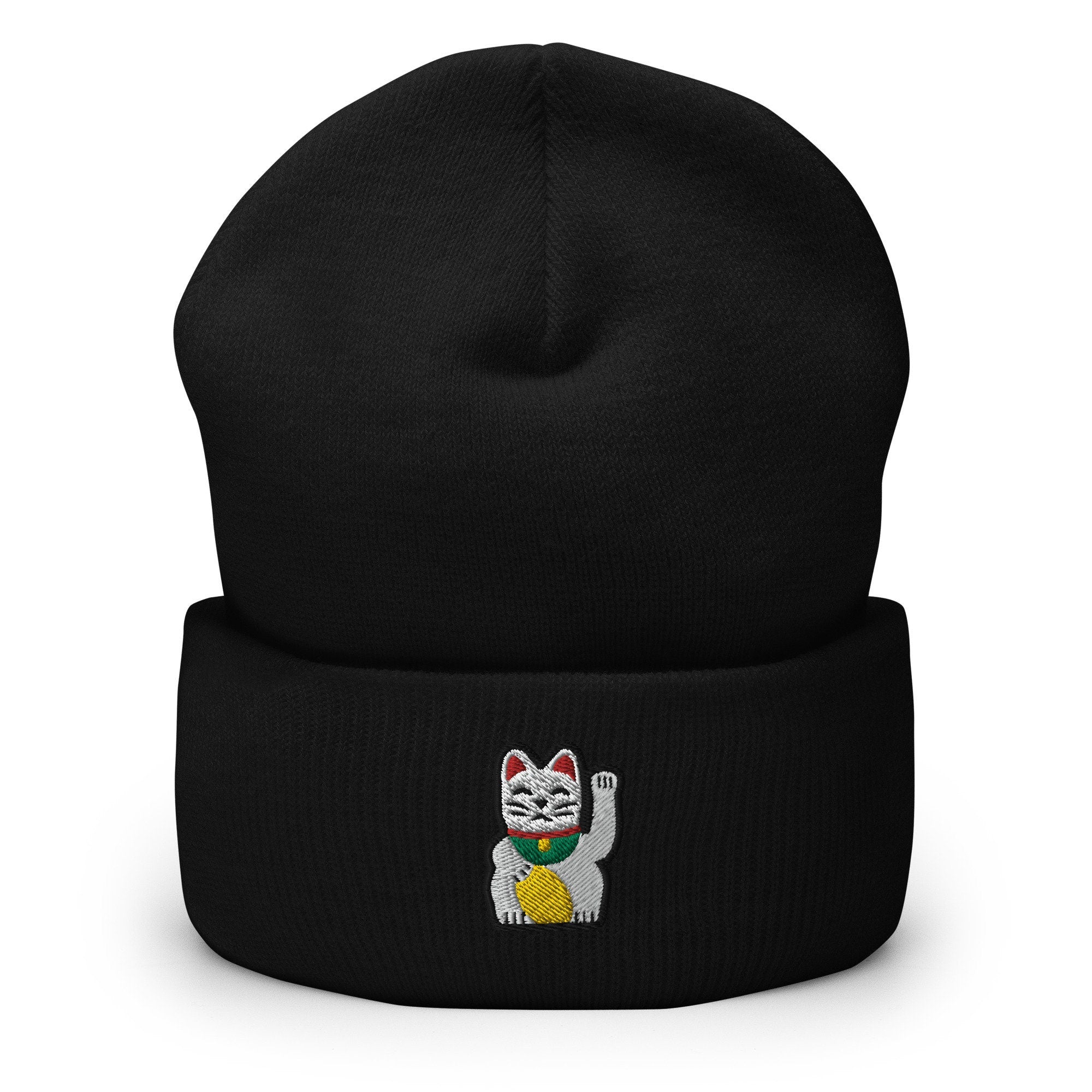 Maneki-neko Lucky Waving Cat Embroidered Beanie, Handmade Cuffed Knit Unisex Slouchy Adult Winter Hat Cap Gift