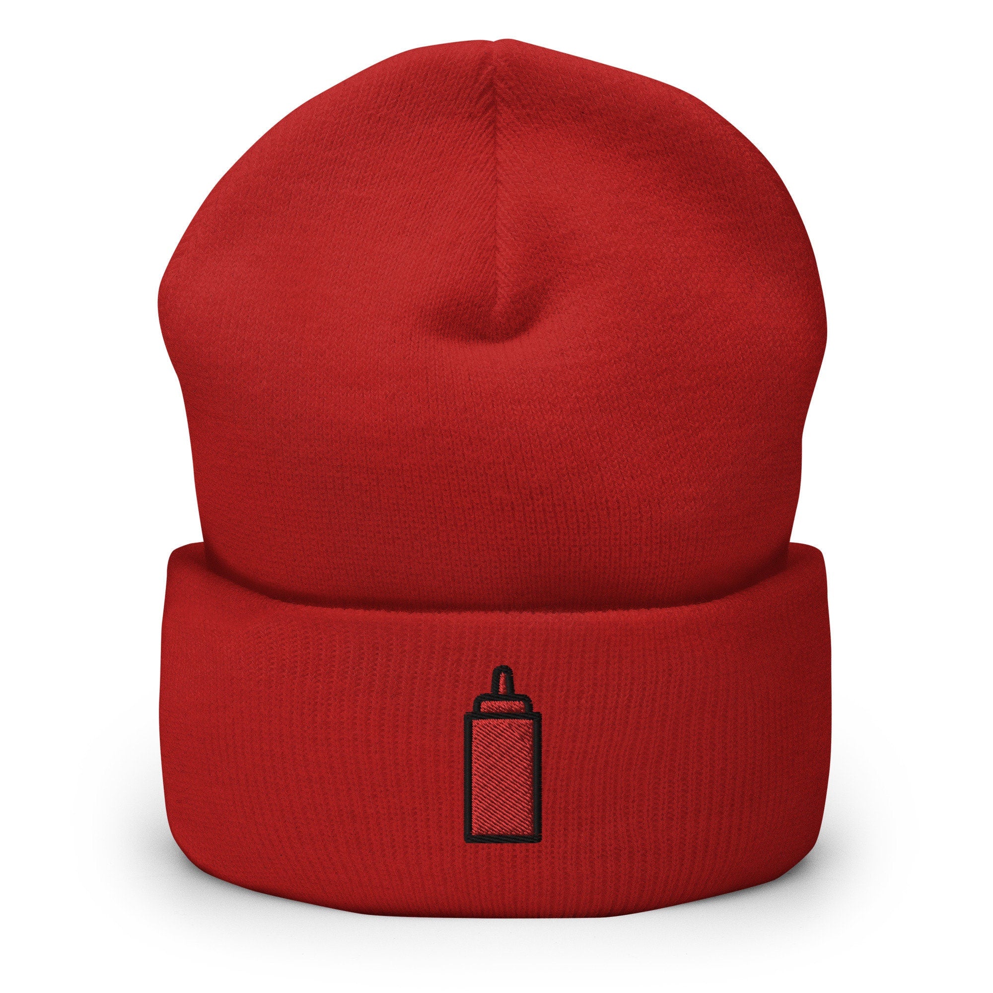 Ketchup Condiment Embroidered Beanie, Handmade Cuffed Knit Unisex Slouchy Adult Winter Hat Cap Gift
