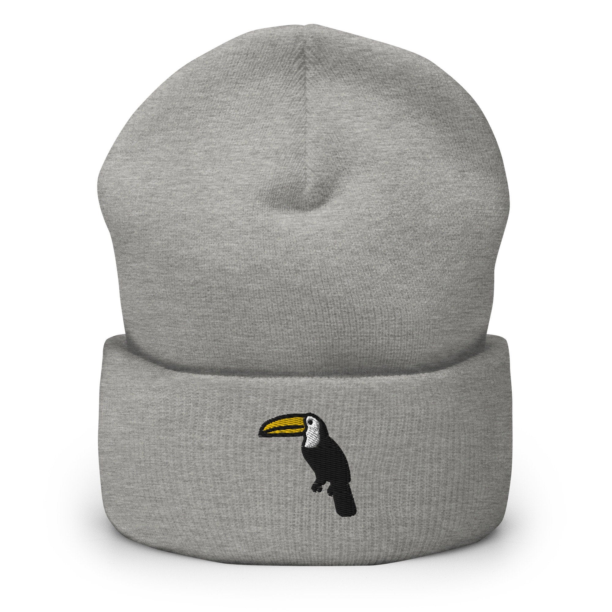Toucan Tropical Bird Embroidered Beanie, Handmade Cuffed Knit Unisex Slouchy Adult Winter Hat Cap Gift