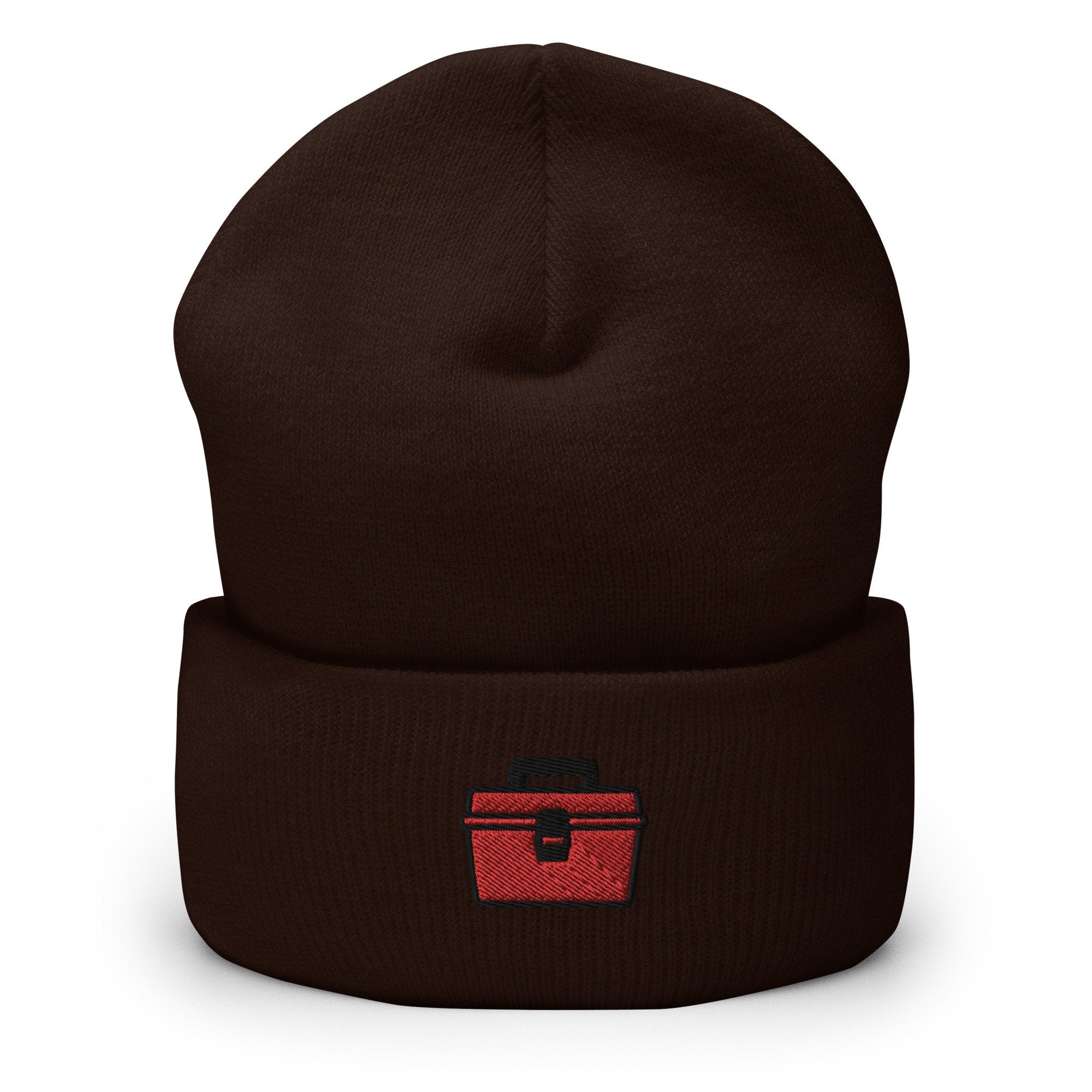 Toolbox Embroidered Beanie, Handmade Cuffed Knit Unisex Slouchy Adult Winter Hat Cap Gift