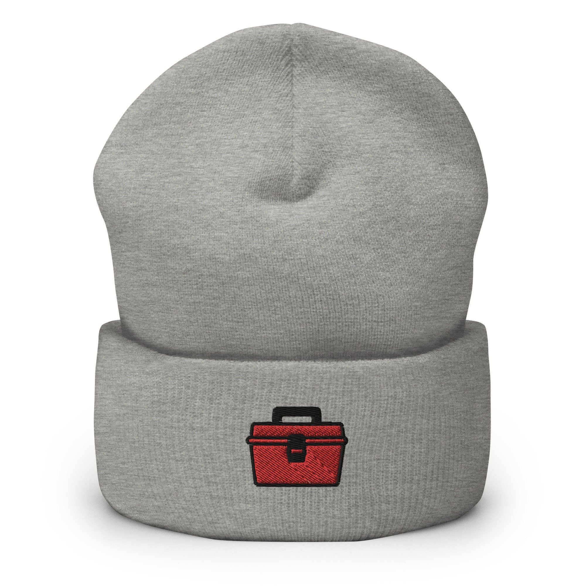 Toolbox Embroidered Beanie, Handmade Cuffed Knit Unisex Slouchy Adult Winter Hat Cap Gift