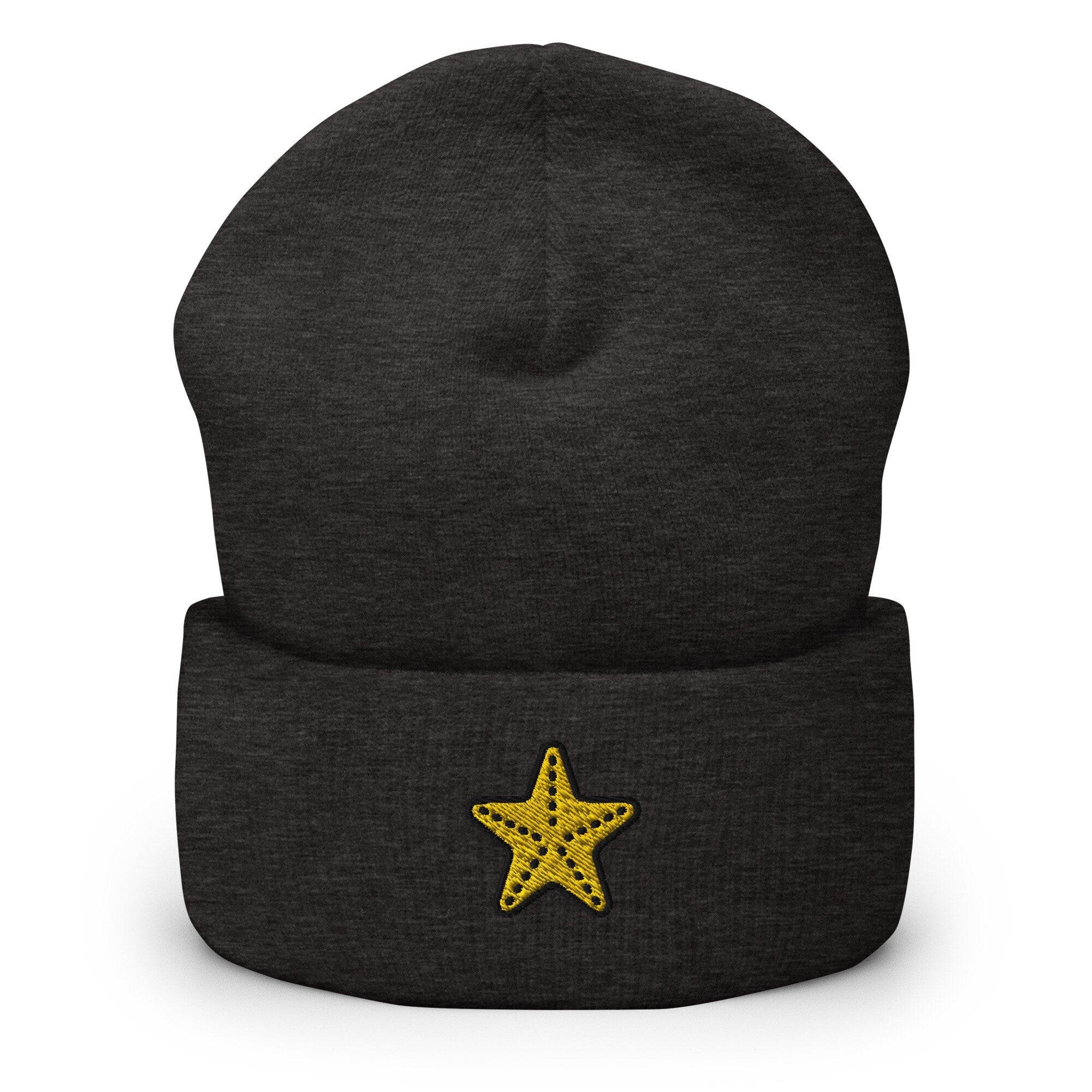 Starfish Embroidered Beanie, Handmade Cuffed Knit Unisex Slouchy Adult Winter Hat Cap Gift
