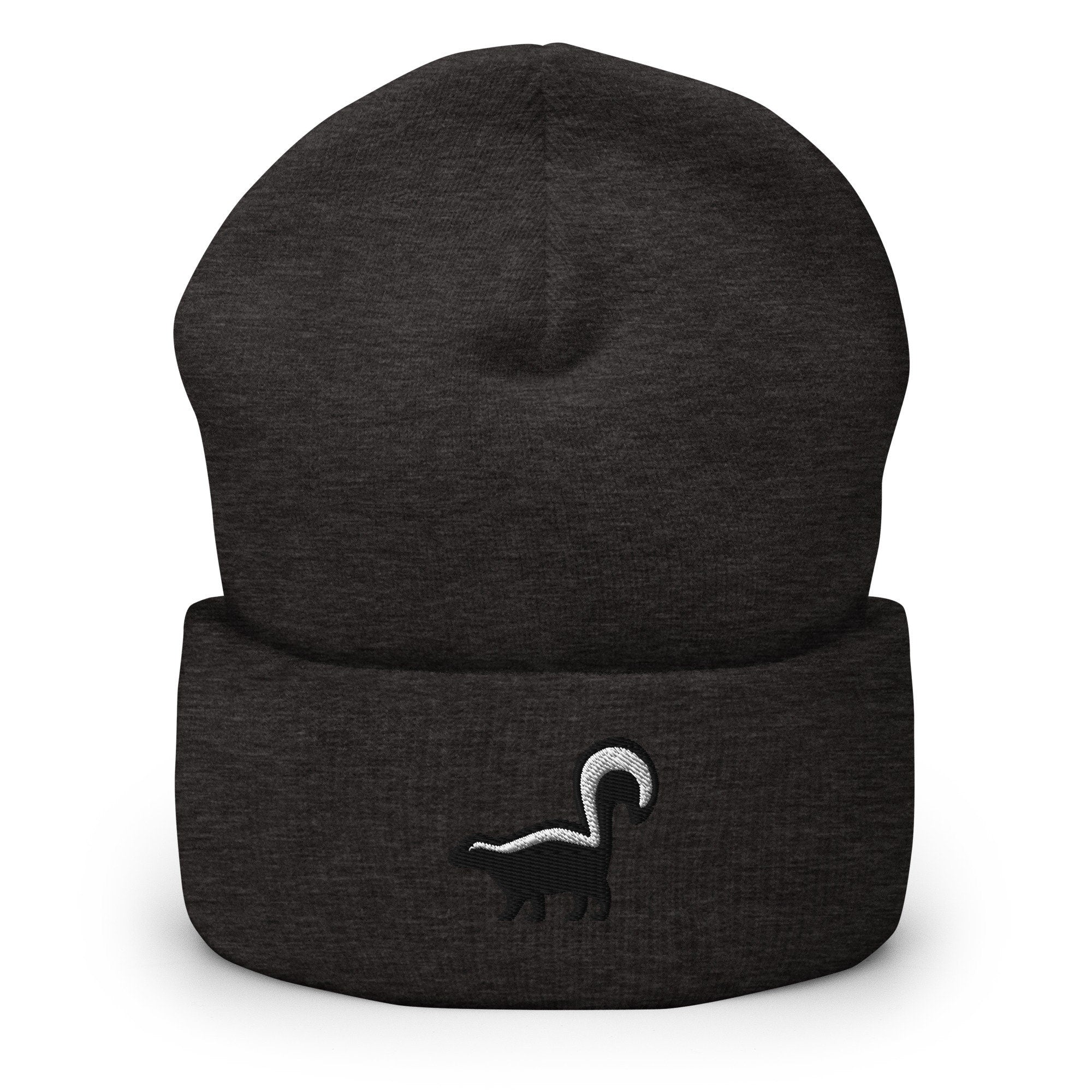 Skunk Embroidered Beanie, Handmade Cuffed Knit Unisex Slouchy Adult Winter Hat Cap Gift