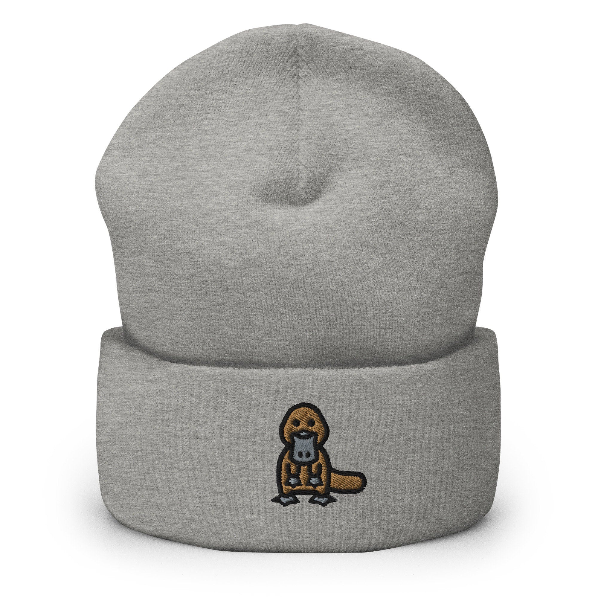 Duck-Billed Platypus Embroidered Beanie, Handmade Cuffed Knit Unisex Slouchy Adult Winter Hat Cap Gift