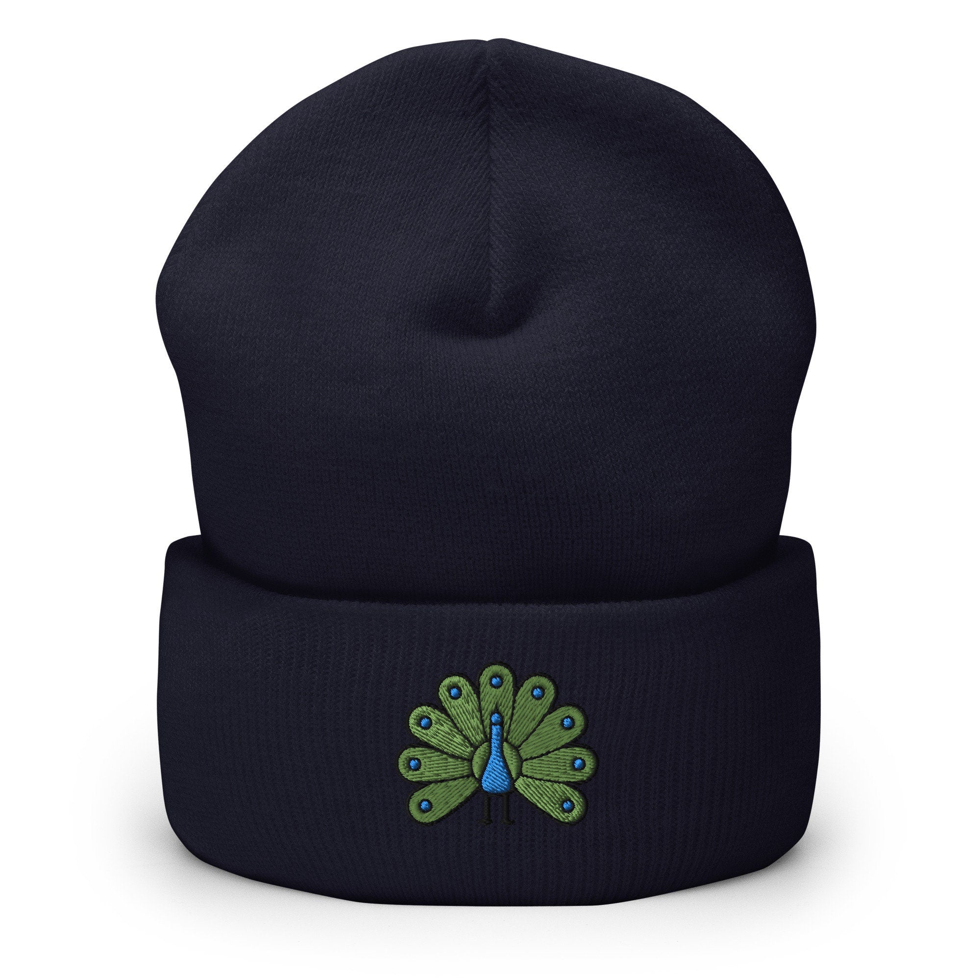 Colorful Peacock Bird Embroidered Beanie, Handmade Cuffed Knit Unisex Slouchy Adult Winter Hat Cap Gift