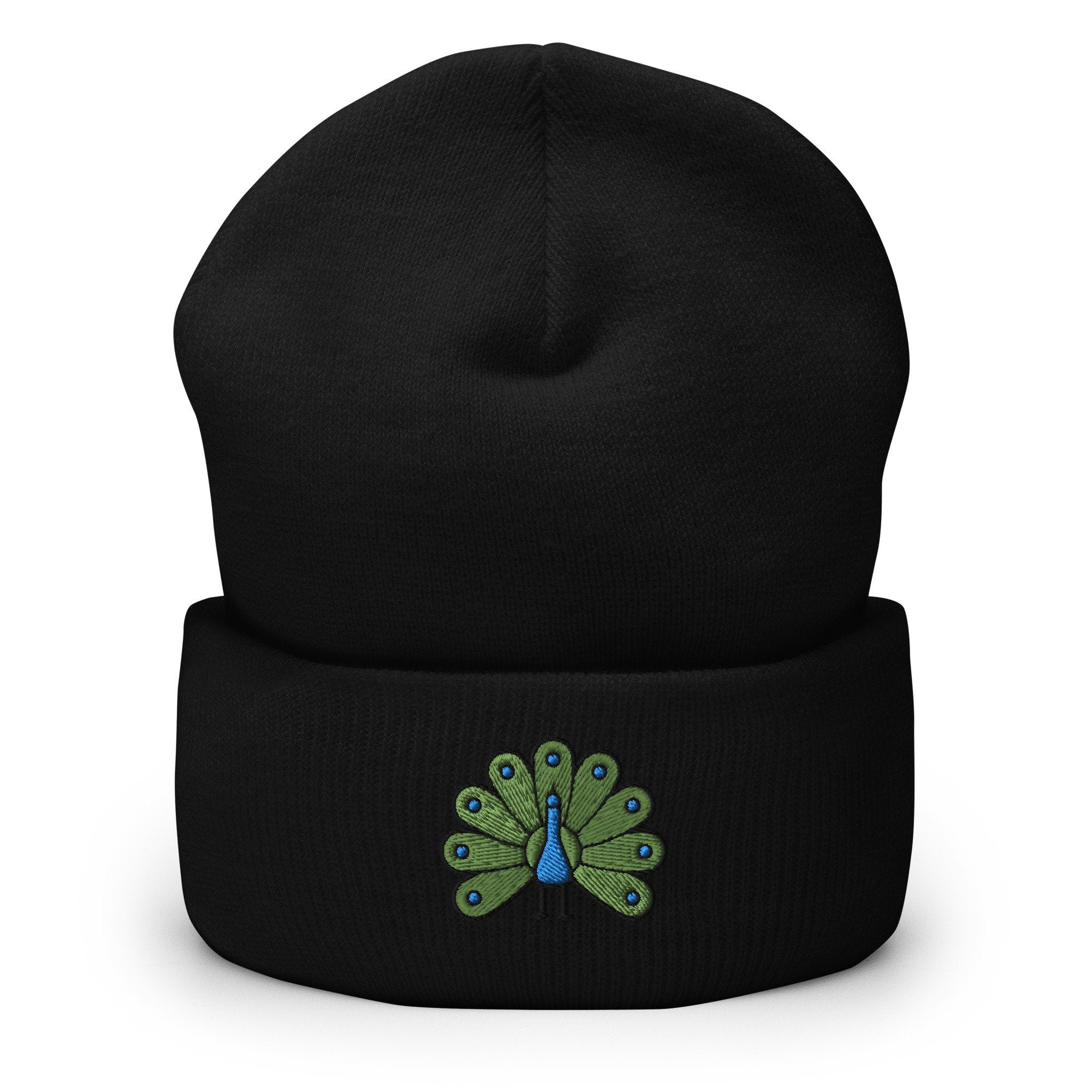 Colorful Peacock Bird Embroidered Beanie, Handmade Cuffed Knit Unisex Slouchy Adult Winter Hat Cap Gift
