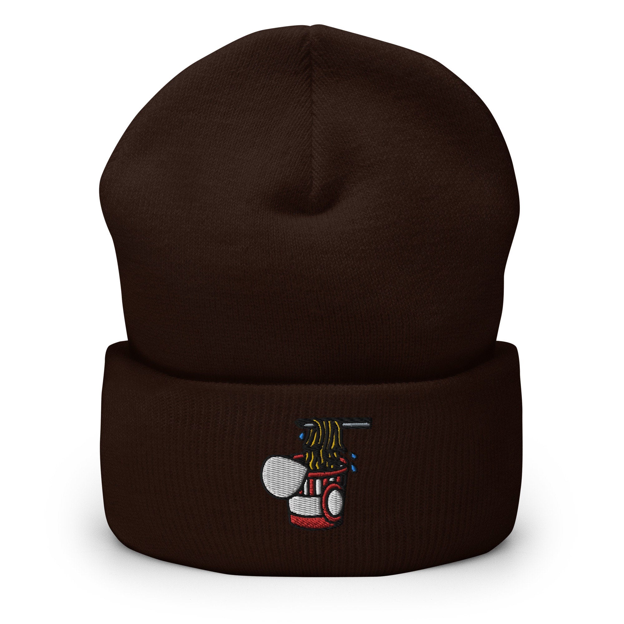 Cup of Ramen Noodles Embroidered Beanie, Handmade Cuffed Knit Unisex Slouchy Adult Winter Hat Cap Gift