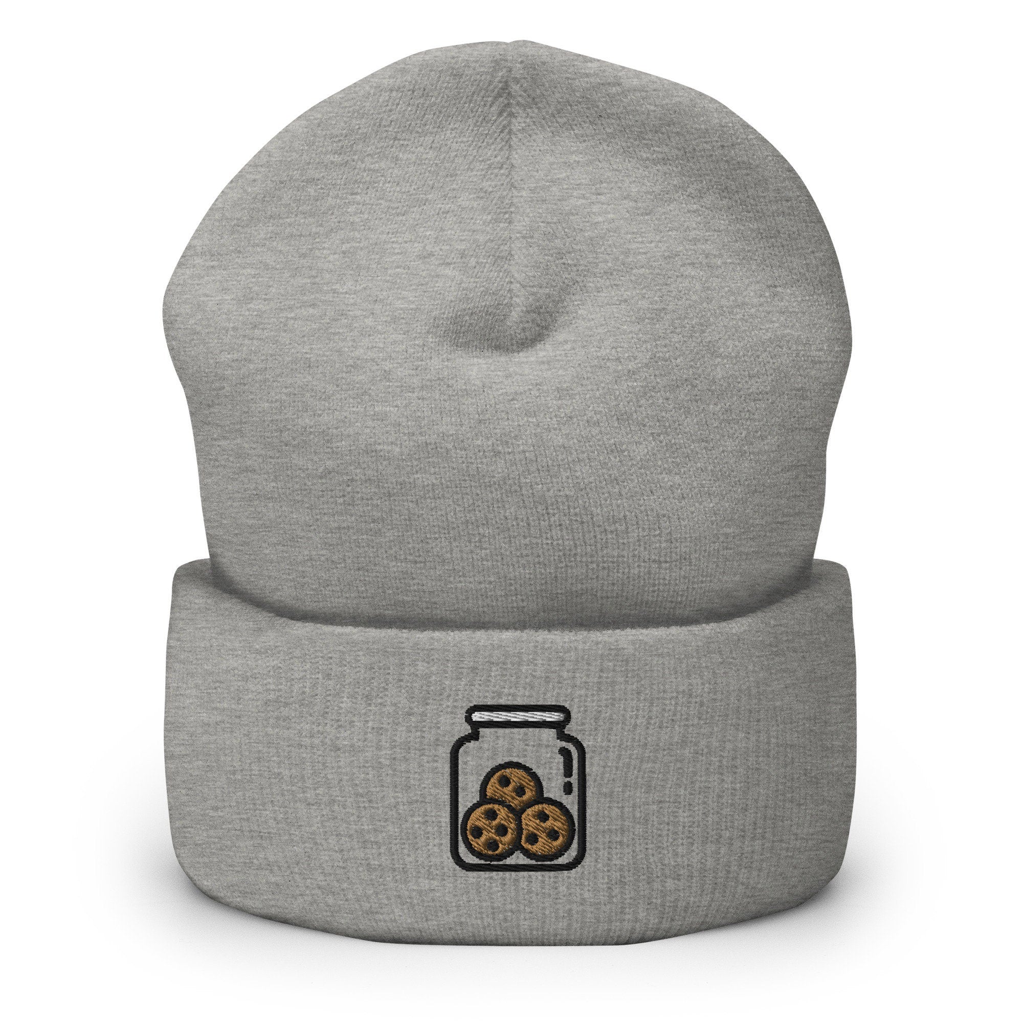 Chocolate Chip Cookie Jar Embroidered Beanie, Handmade Cuffed Knit Unisex Slouchy Adult Winter Hat Cap Gift