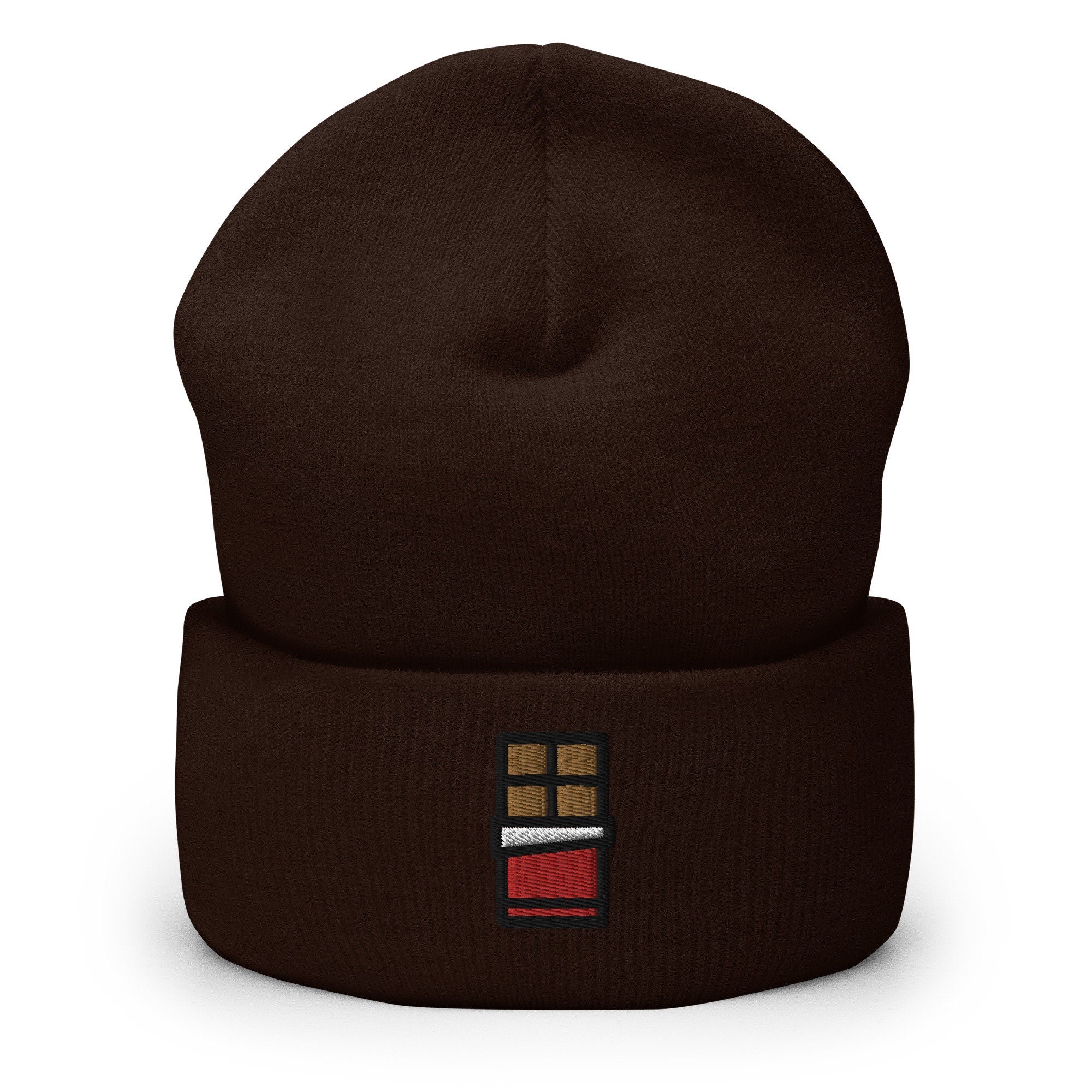 Chocolate Bar Candy Embroidered Beanie, Handmade Cuffed Knit Unisex Slouchy Adult Winter Hat Cap Gift