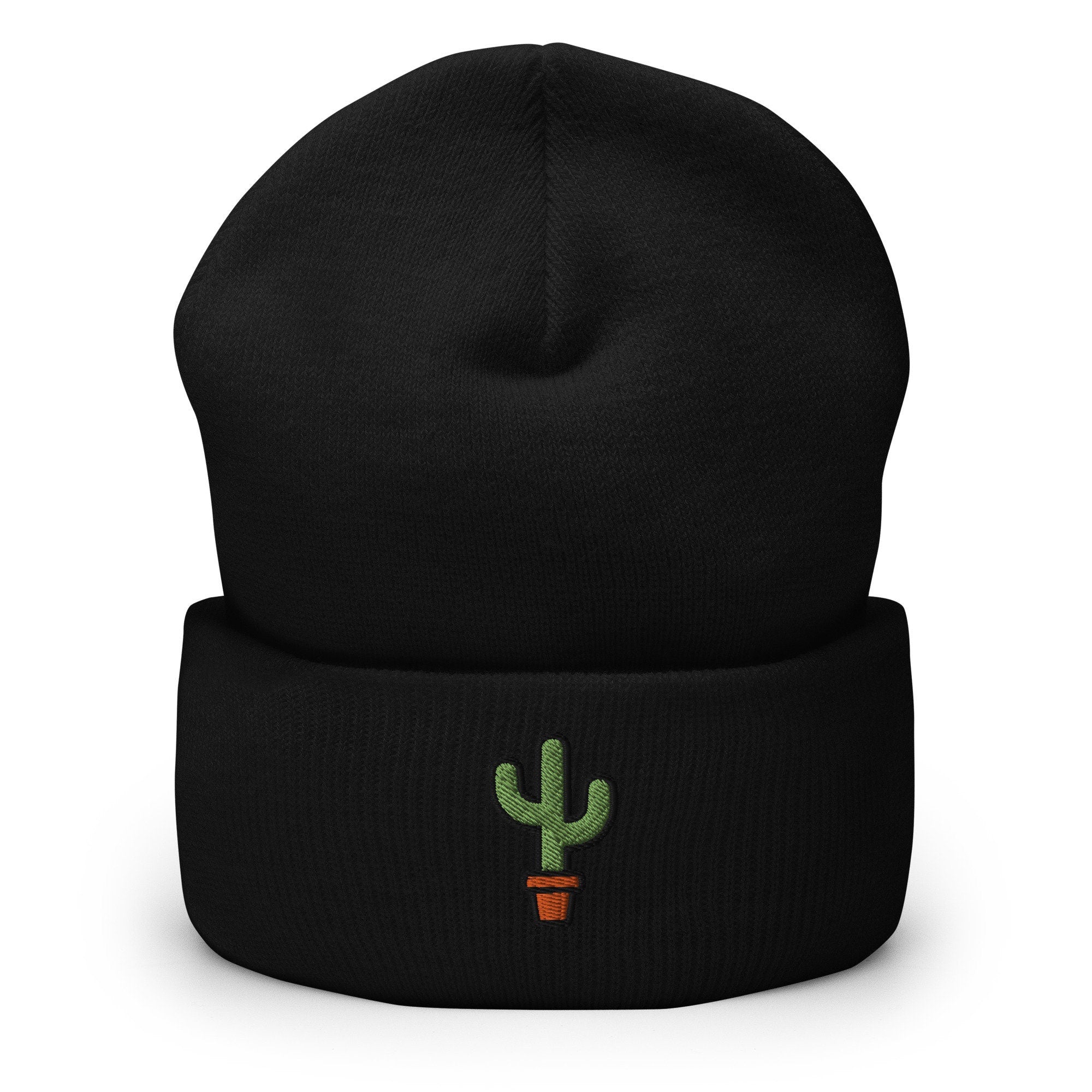 Potted Succulent Cactus Embroidered Beanie, Handmade Cuffed Knit Unisex Slouchy Adult Winter Hat Cap Gift