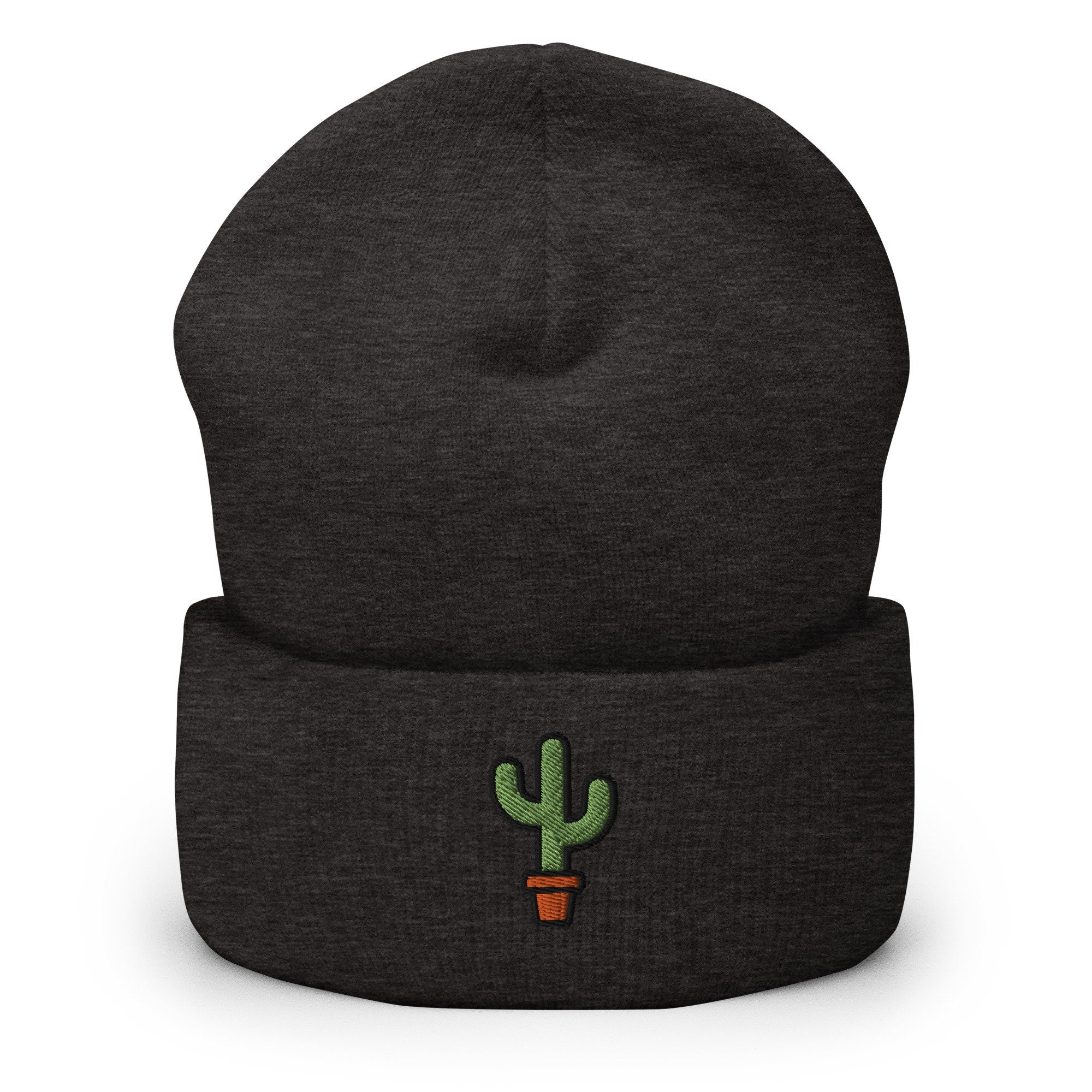 Potted Succulent Cactus Embroidered Beanie, Handmade Cuffed Knit Unisex Slouchy Adult Winter Hat Cap Gift
