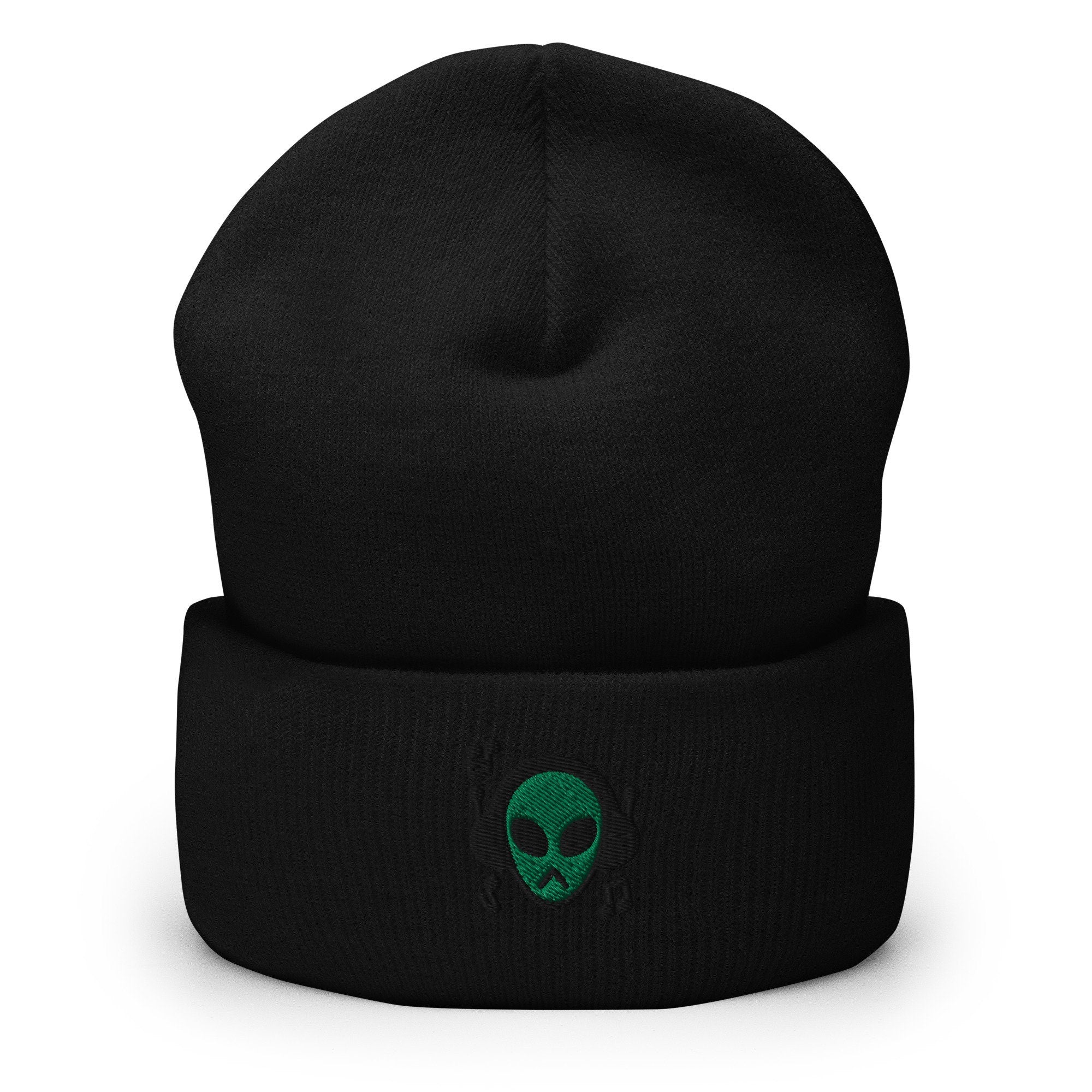 Alien Music Embroidered Beanie, Handmade Cuffed Knit Unisex Slouchy Adult Winter Hat Cap Gift