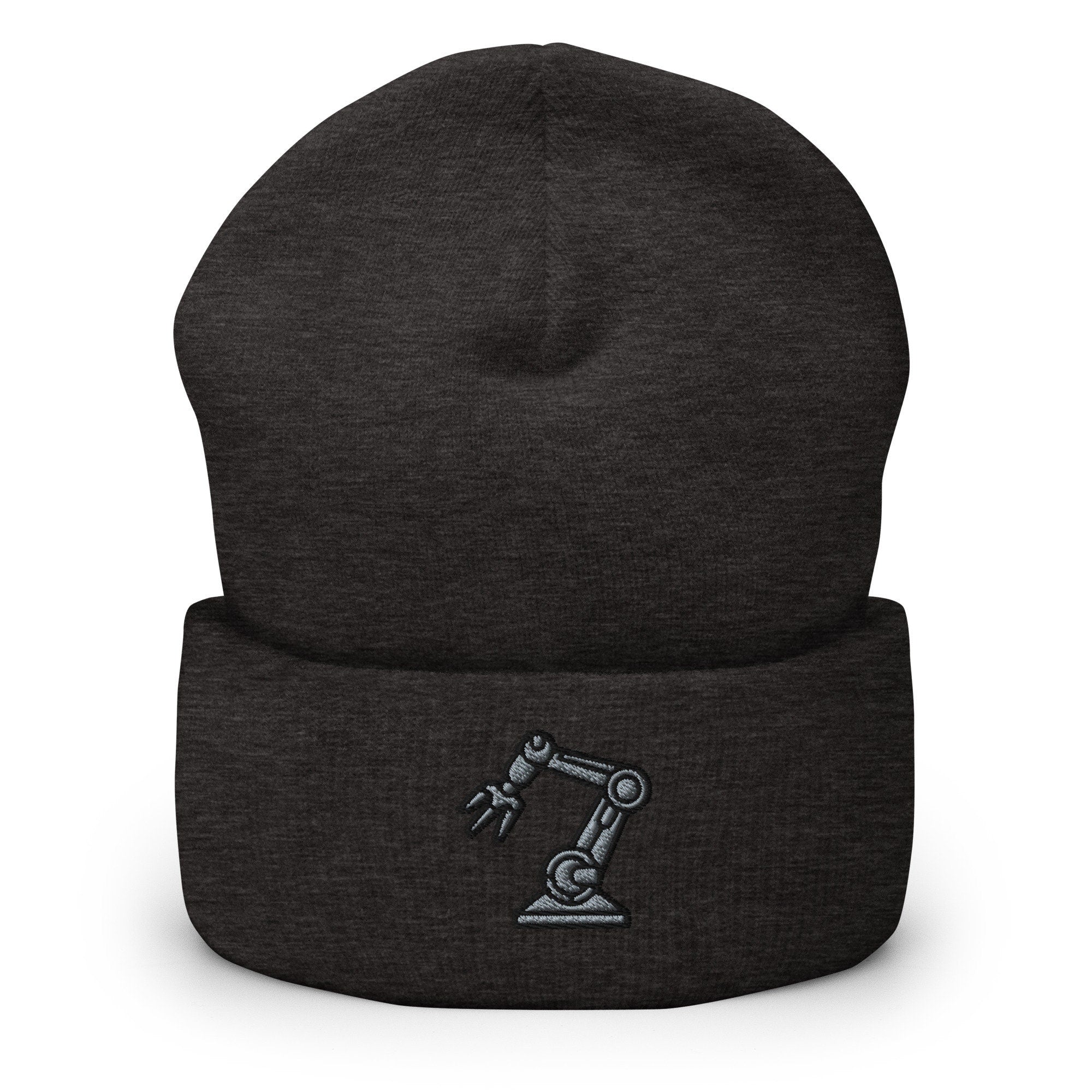 Robotic Arm Embroidered Beanie, Handmade Cuffed Knit Unisex Slouchy Adult Winter Hat Cap Gift