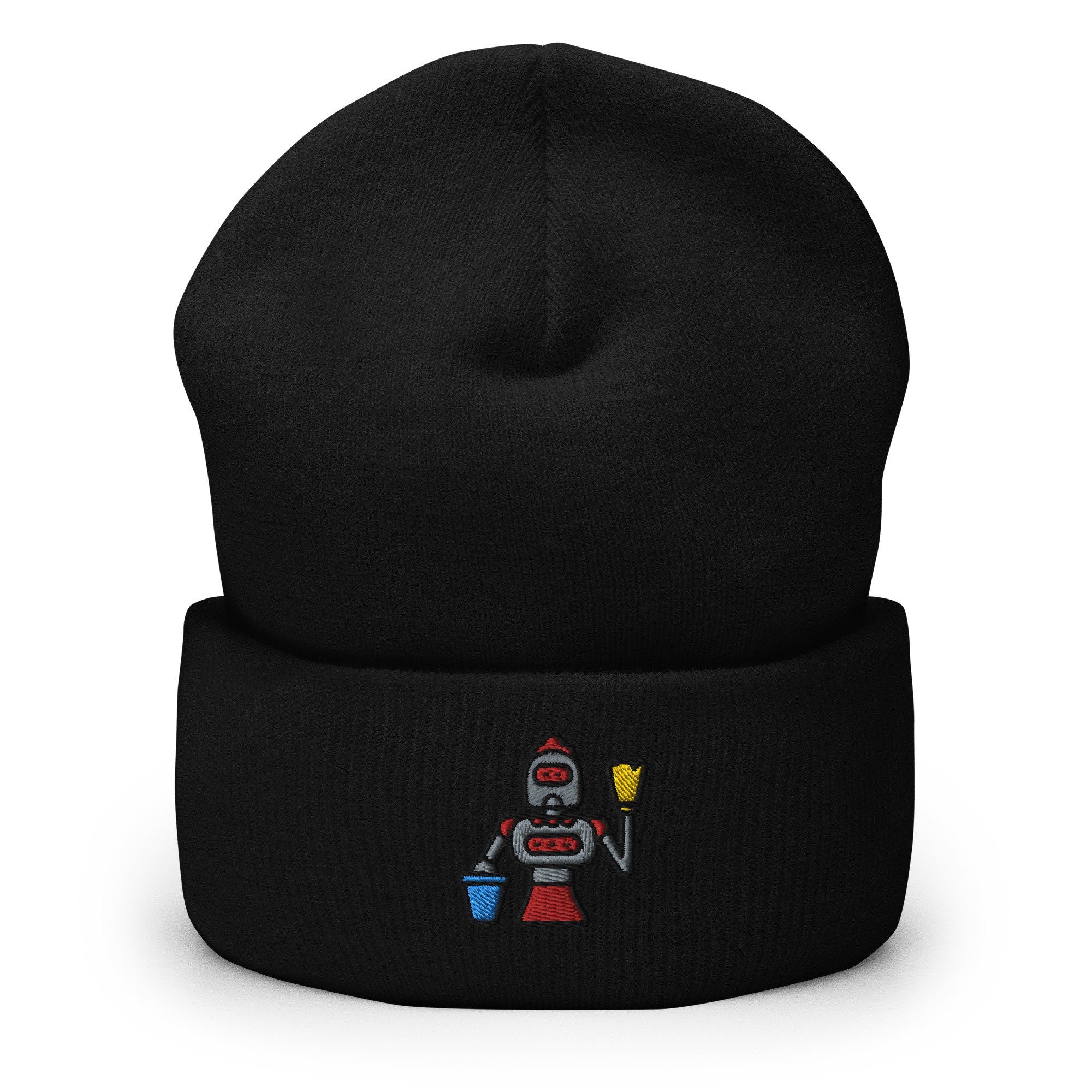 Robot Maid Housekeeper Android Embroidered Beanie, Handmade Cuffed Knit Unisex Slouchy Adult Winter Hat Cap Gift