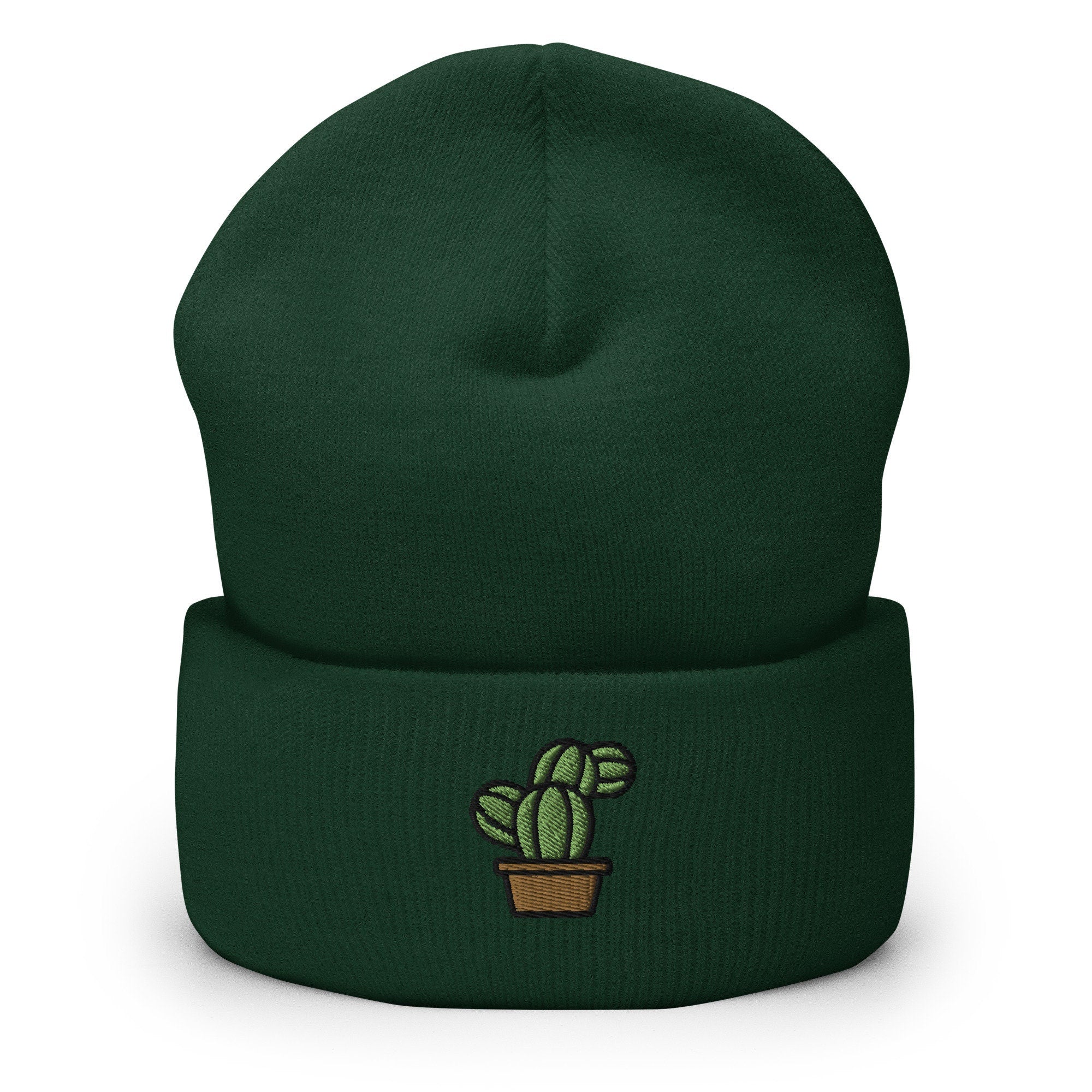 Succulent Bunny Ear Cactus Embroidered Beanie, Handmade Cuffed Knit Unisex Slouchy Adult Winter Hat Cap Gift