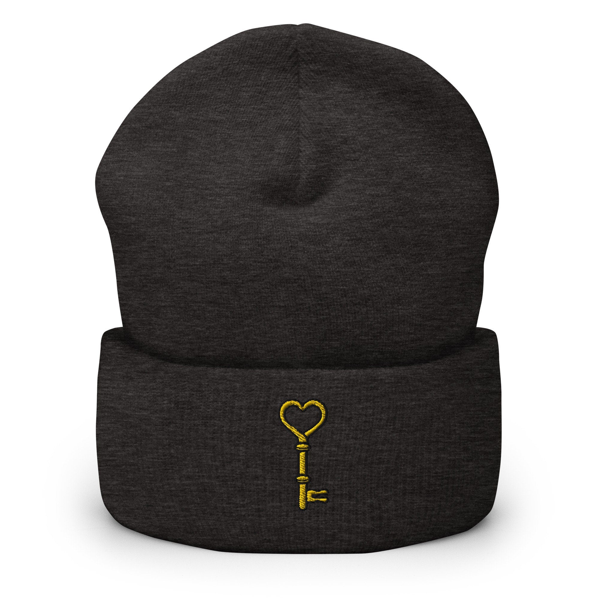 Vintage Heart Brass Key Embroidered Beanie, Handmade Cuffed Knit Unisex Slouchy Adult Winter Hat Cap Gift
