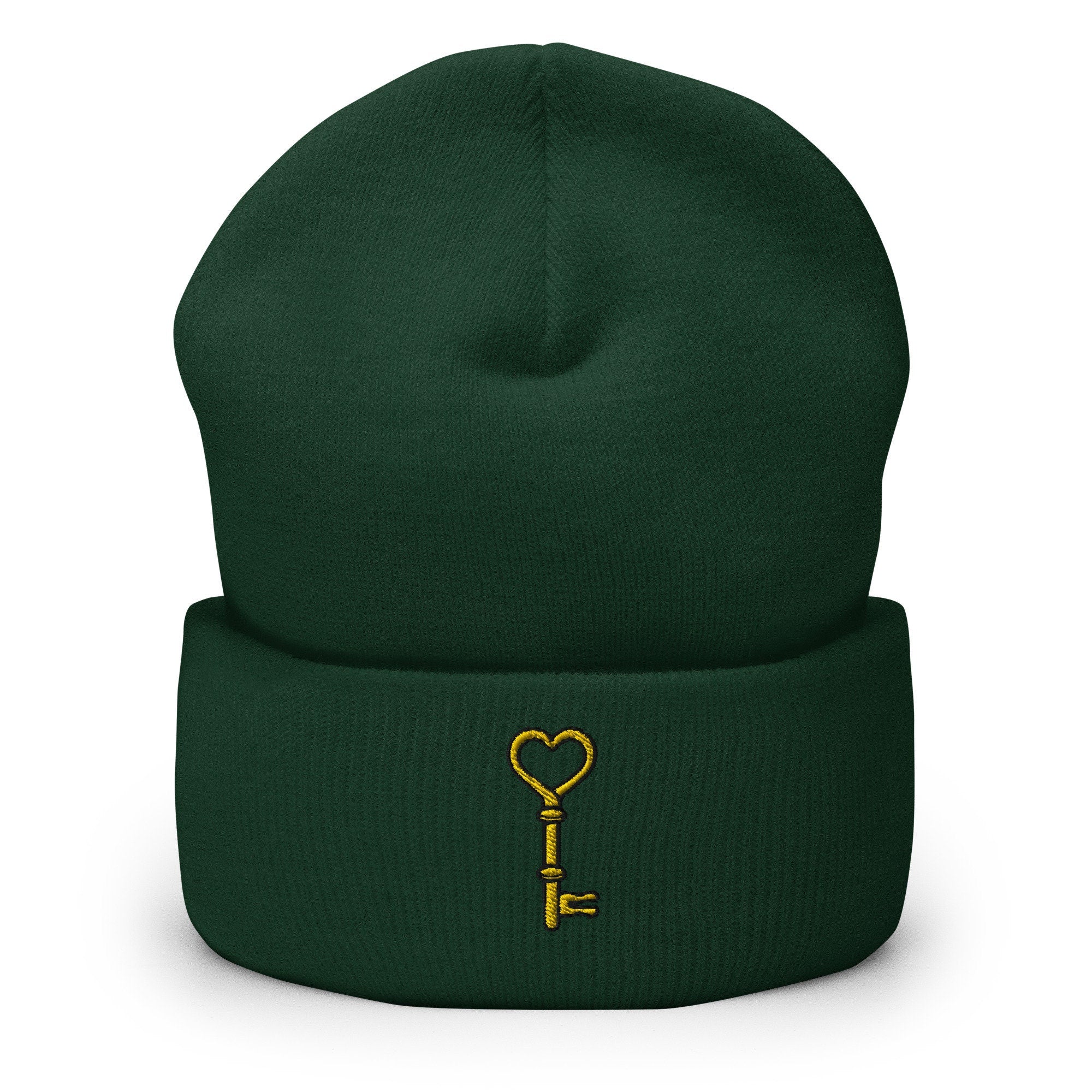 Vintage Heart Brass Key Embroidered Beanie, Handmade Cuffed Knit Unisex Slouchy Adult Winter Hat Cap Gift
