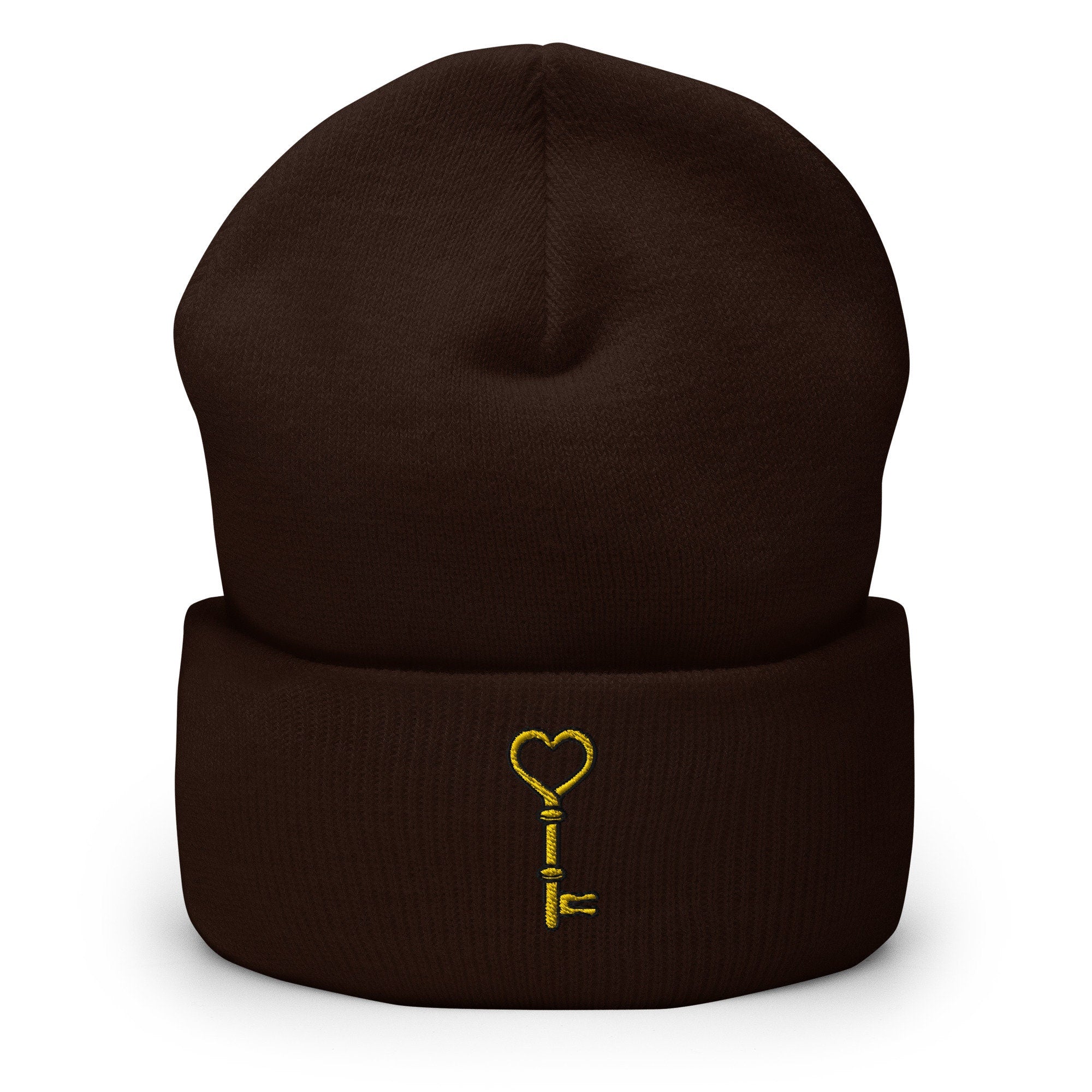 Vintage Heart Brass Key Embroidered Beanie, Handmade Cuffed Knit Unisex Slouchy Adult Winter Hat Cap Gift
