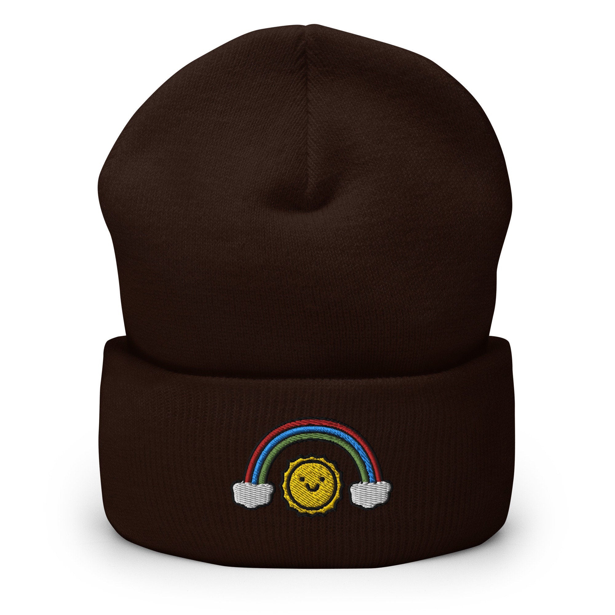 Sunshine & Rainbows Embroidered Beanie, Handmade Cuffed Knit Unisex Slouchy Adult Winter Hat Cap Gift