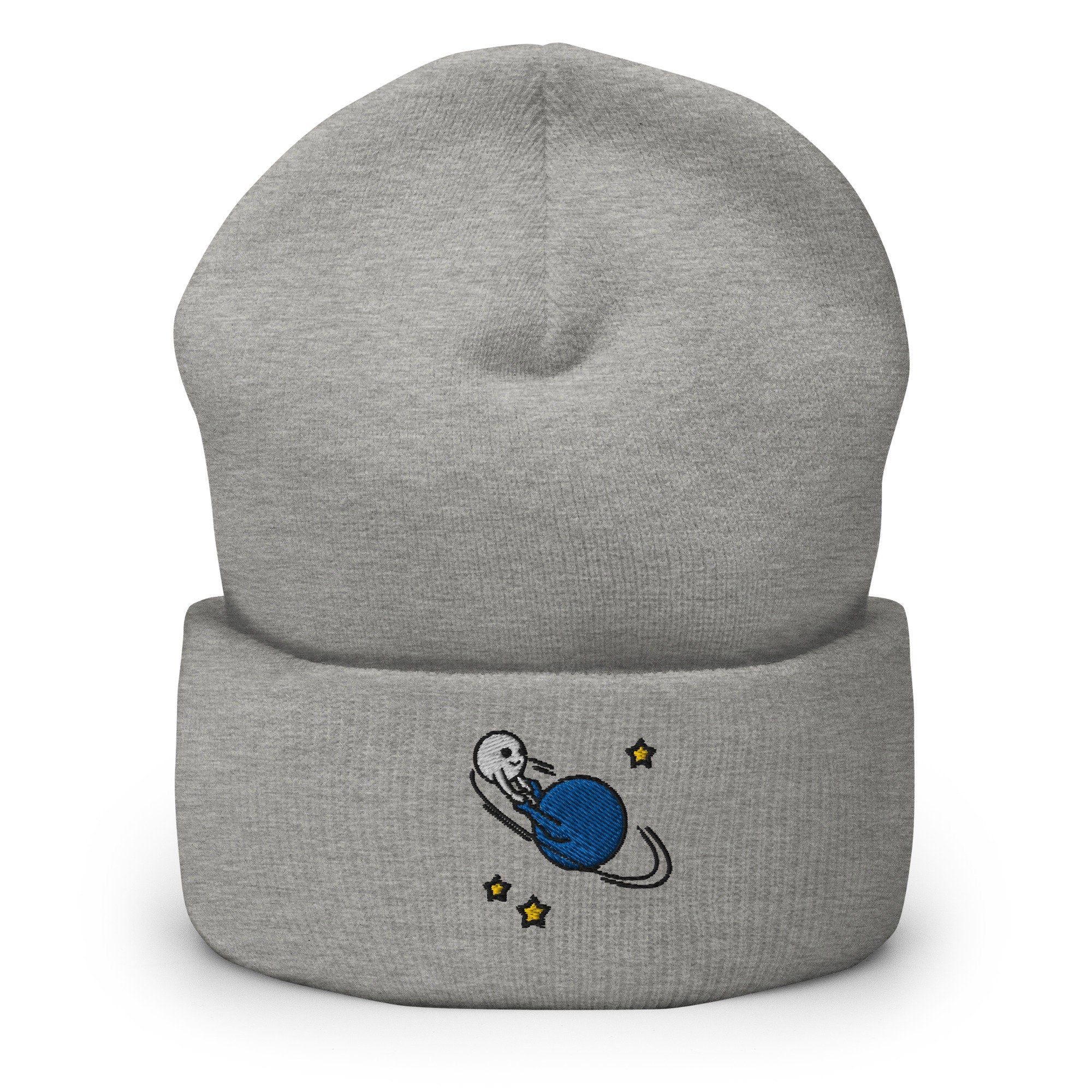 Dancing Planets Embroidered Beanie, Handmade Cuffed Knit Unisex Slouchy Adult Winter Hat Cap Gift
