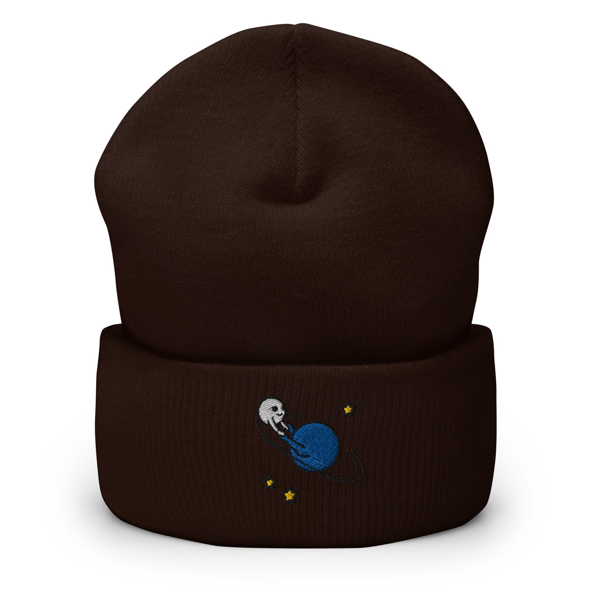 Dancing Planets Embroidered Beanie, Handmade Cuffed Knit Unisex Slouchy Adult Winter Hat Cap Gift