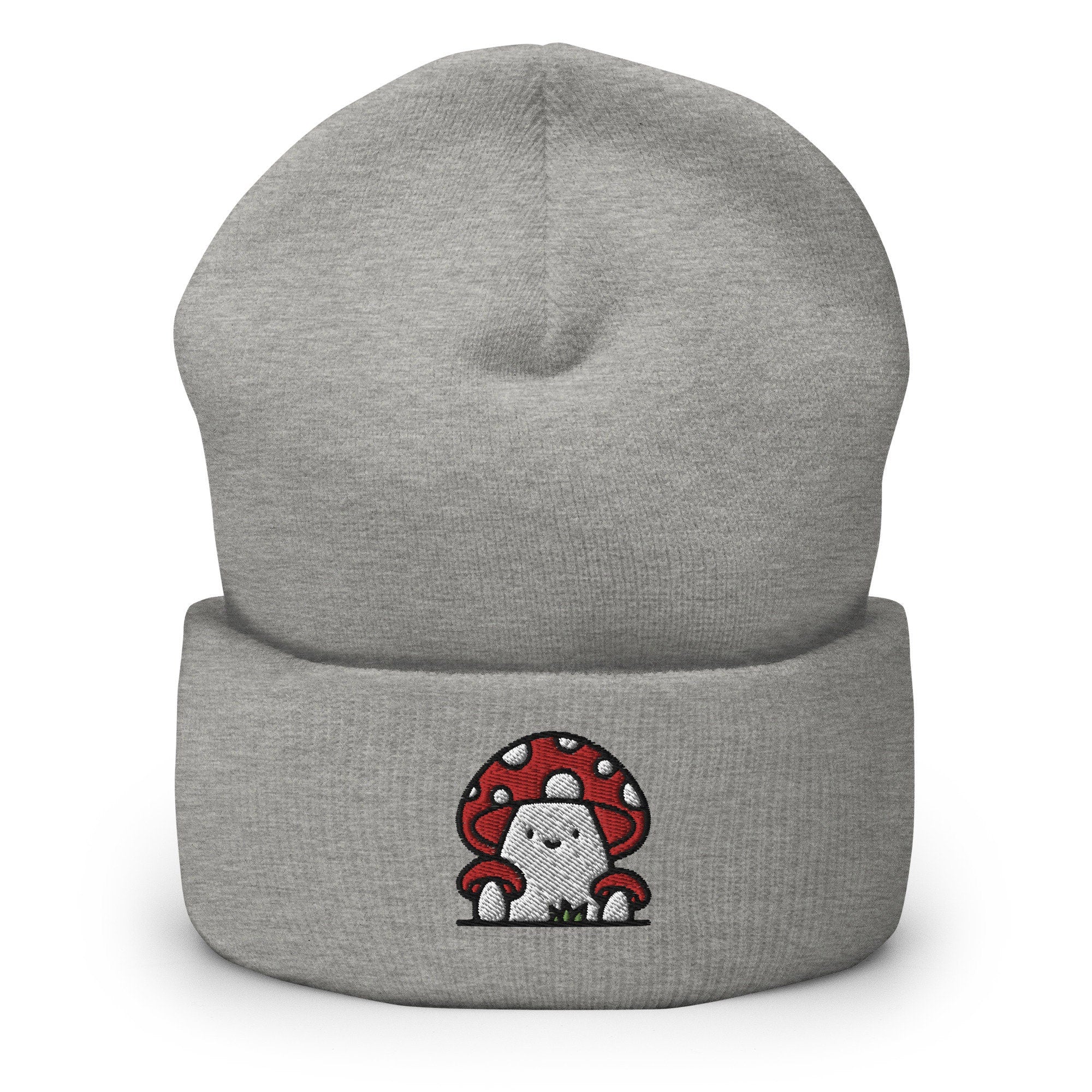 Cute Red Mushroom Family Embroidered Beanie, Handmade Cuffed Knit Unisex Slouchy Adult Winter Hat Cap Gift