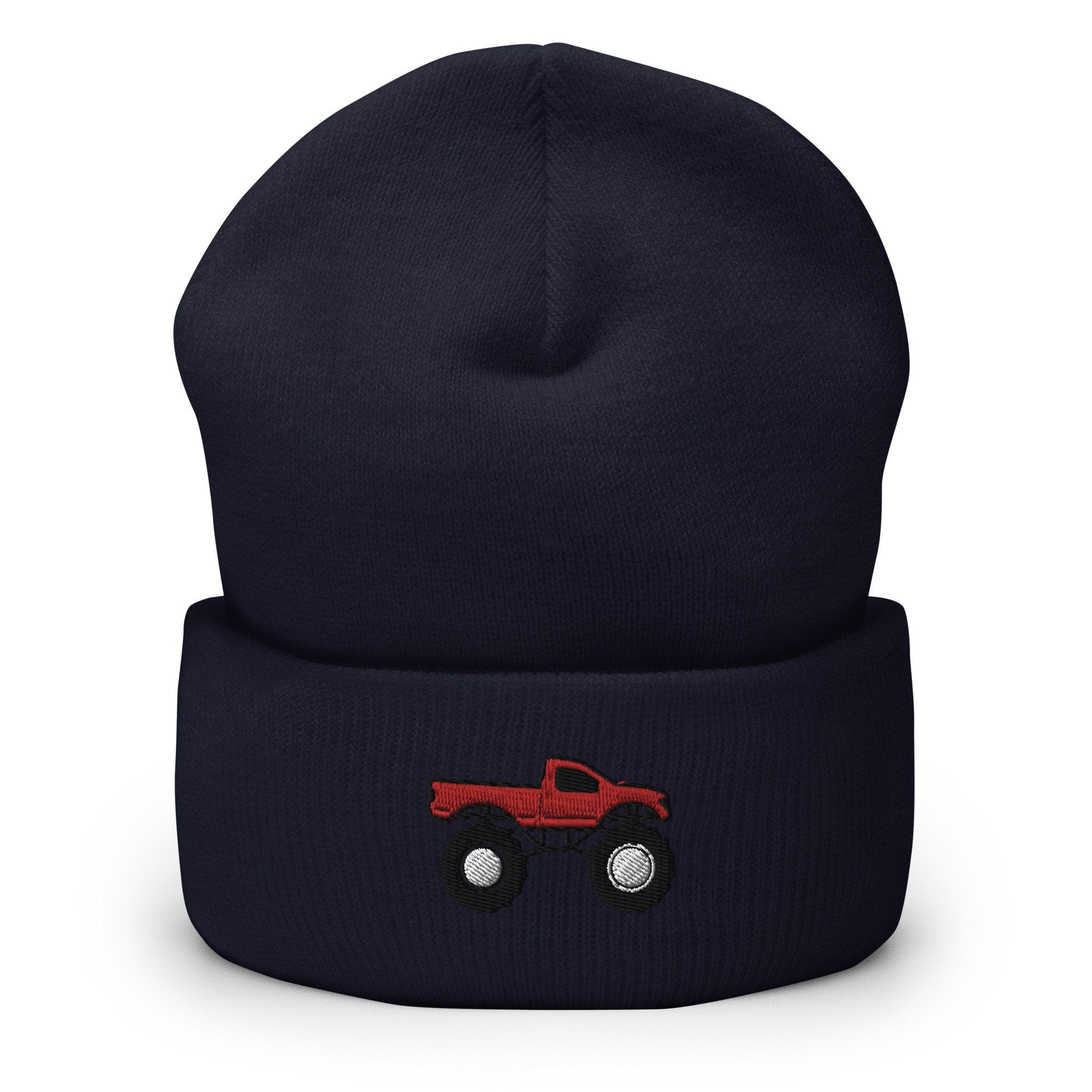 Monster Truck Embroidered Beanie, Handmade Cuffed Knit Unisex Slouchy Adult Winter Hat Cap Gift