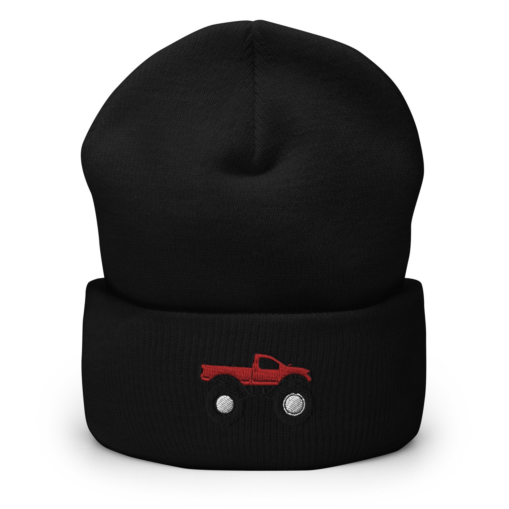 Monster Truck Embroidered Beanie, Handmade Cuffed Knit Unisex Slouchy Adult Winter Hat Cap Gift