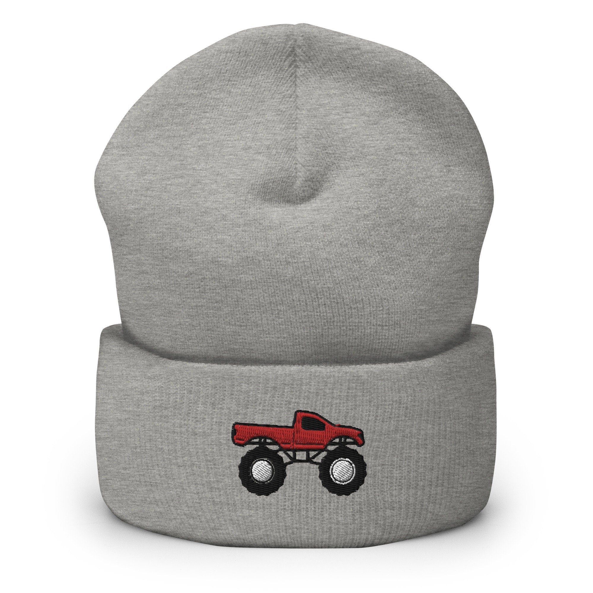 Monster Truck Embroidered Beanie, Handmade Cuffed Knit Unisex Slouchy Adult Winter Hat Cap Gift