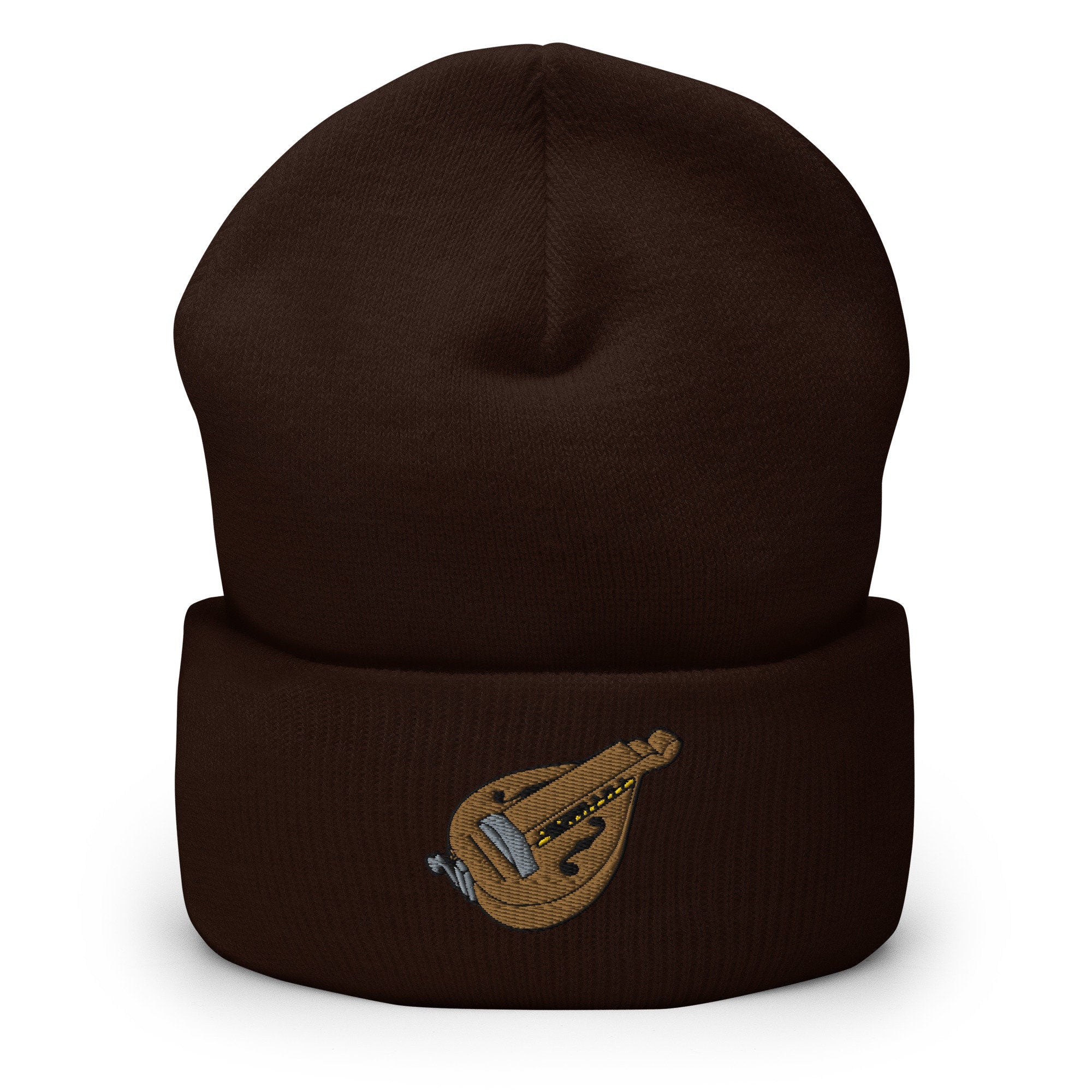 Hurdy Gurdy Instrument Embroidered Beanie, Handmade Cuffed Knit Unisex Slouchy Adult Winter Hat Cap Gift