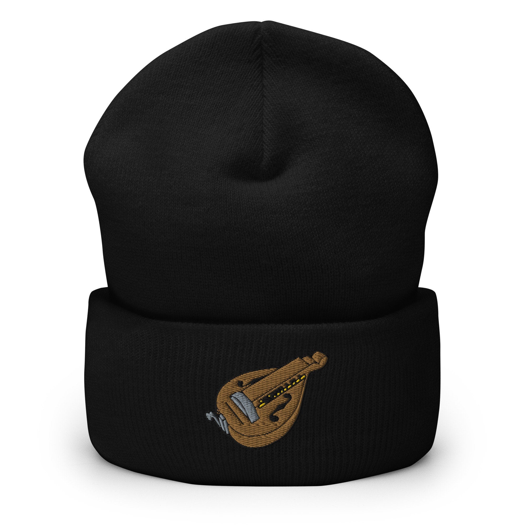 Hurdy Gurdy Instrument Embroidered Beanie, Handmade Cuffed Knit Unisex Slouchy Adult Winter Hat Cap Gift