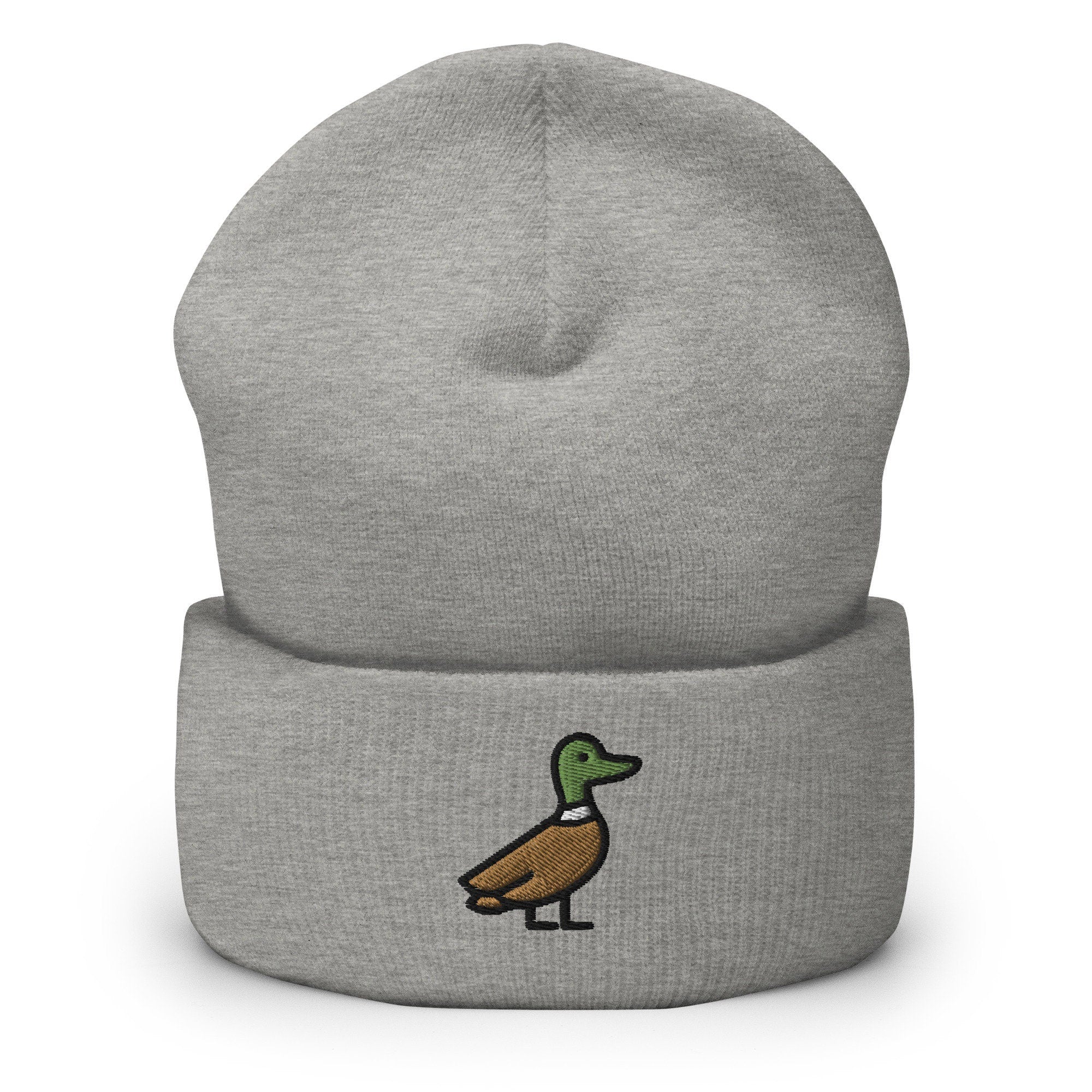 Mallard Duck Embroidered Beanie, Handmade Cuffed Knit Unisex Slouchy Adult Winter Hat Cap Gift