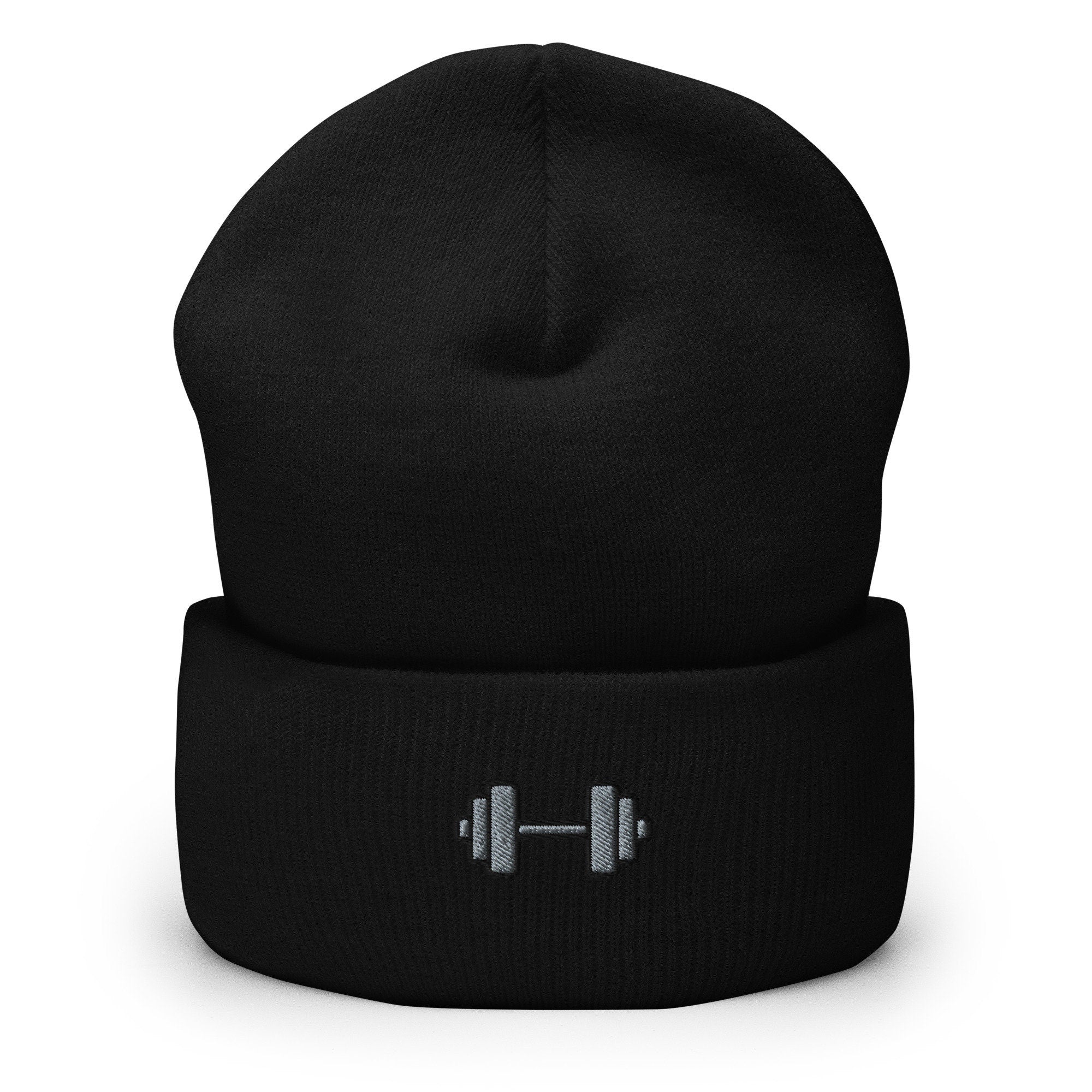 Dumbbell Weightlifting Body Building Embroidered Beanie, Handmade Cuffed Knit Unisex Slouchy Adult Winter Hat Cap Gift