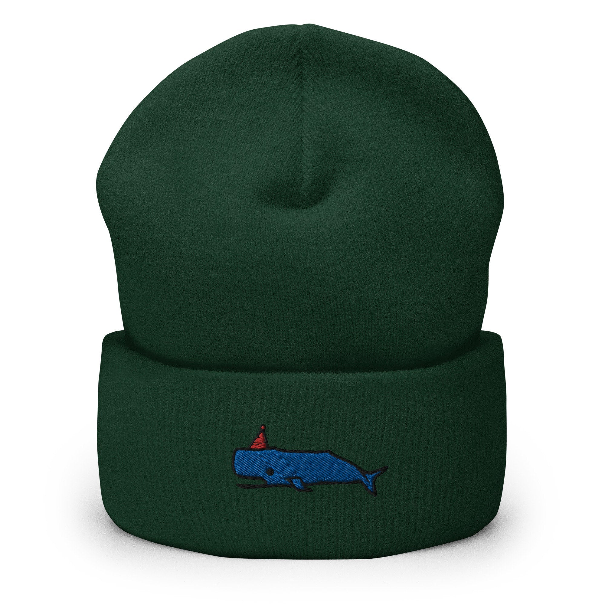 Whale Party Embroidered Beanie, Handmade Cuffed Knit Unisex Slouchy Adult Winter Hat Cap Gift