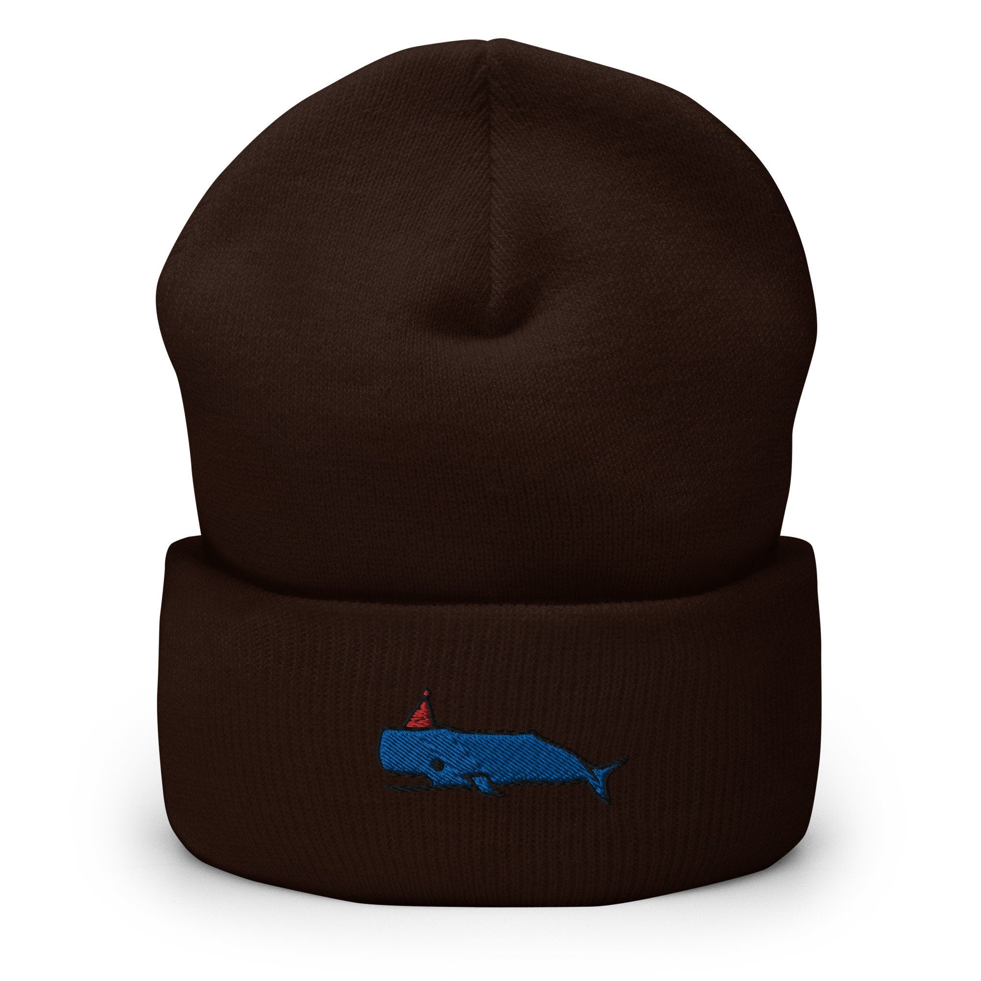 Whale Party Embroidered Beanie, Handmade Cuffed Knit Unisex Slouchy Adult Winter Hat Cap Gift