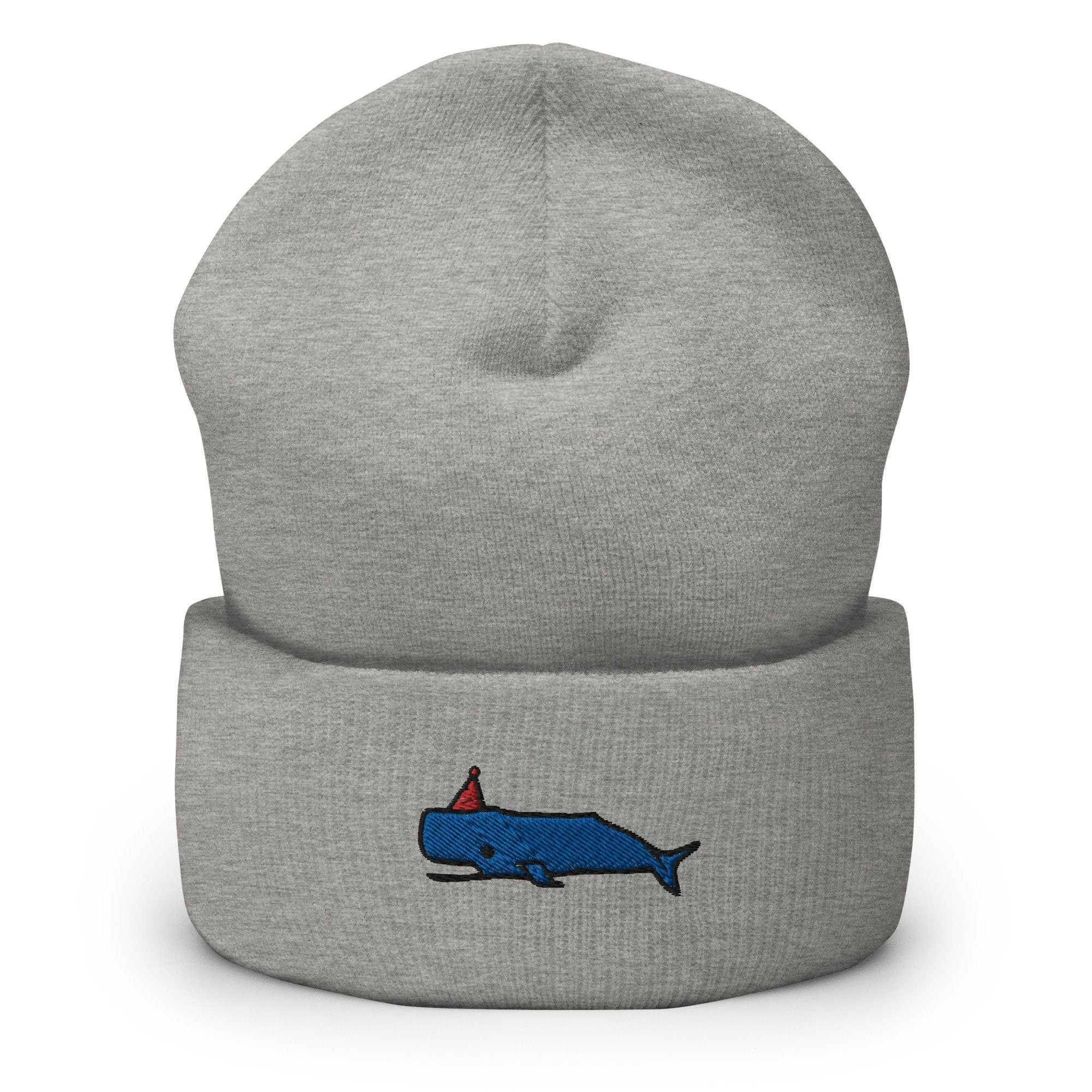 Whale Party Embroidered Beanie, Handmade Cuffed Knit Unisex Slouchy Adult Winter Hat Cap Gift